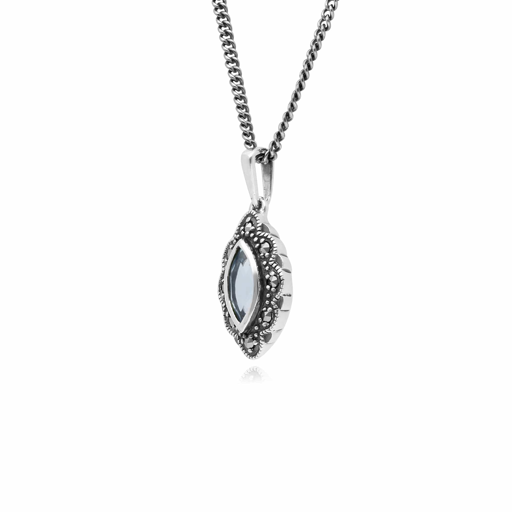 Art Deco  Marquise Blue Topaz & Marcasite Pendant in 925 Sterling Silver