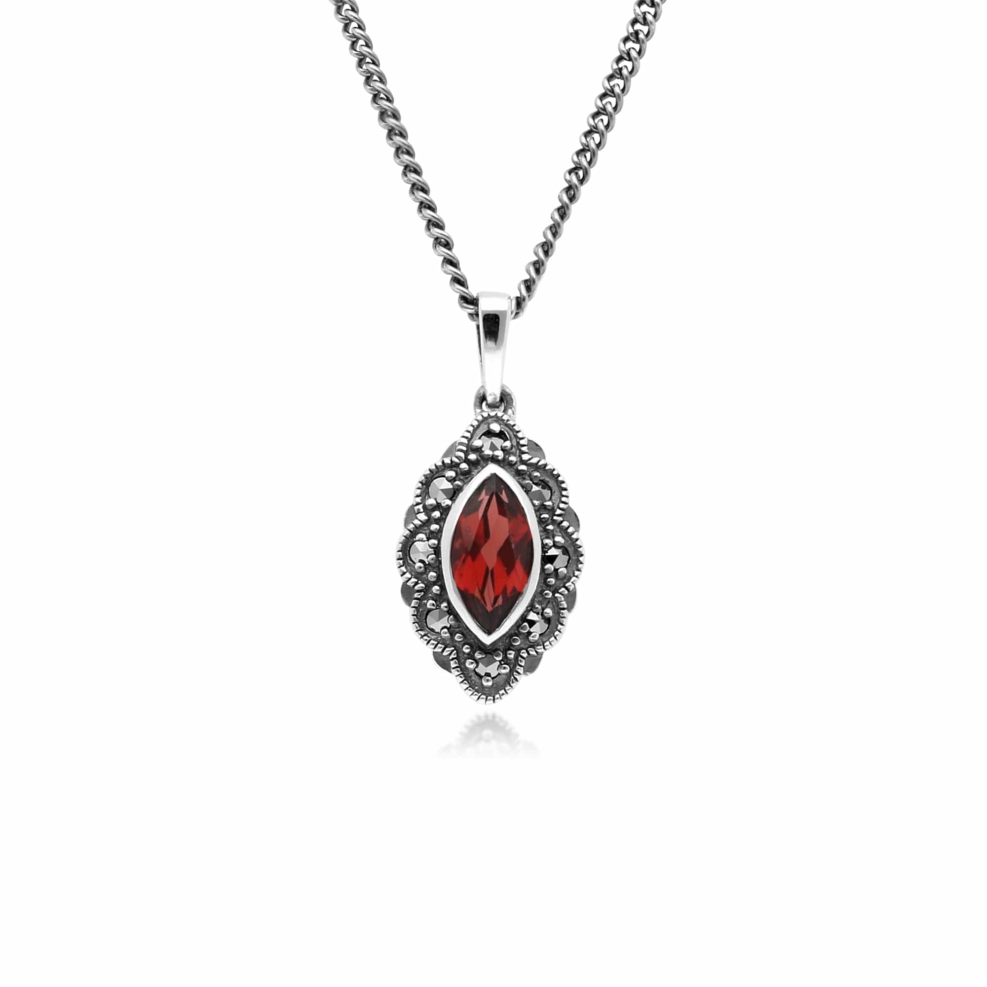 Art Deco Style Marquise Garnet & Marcasite Pendant in 925 Sterling Silver - Gemondo