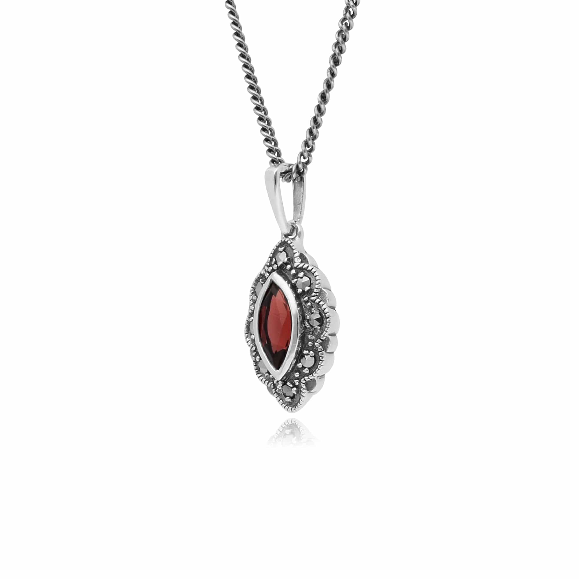 Art Deco Style Marquise Garnet & Marcasite Pendant in 925 Sterling Silver - Gemondo