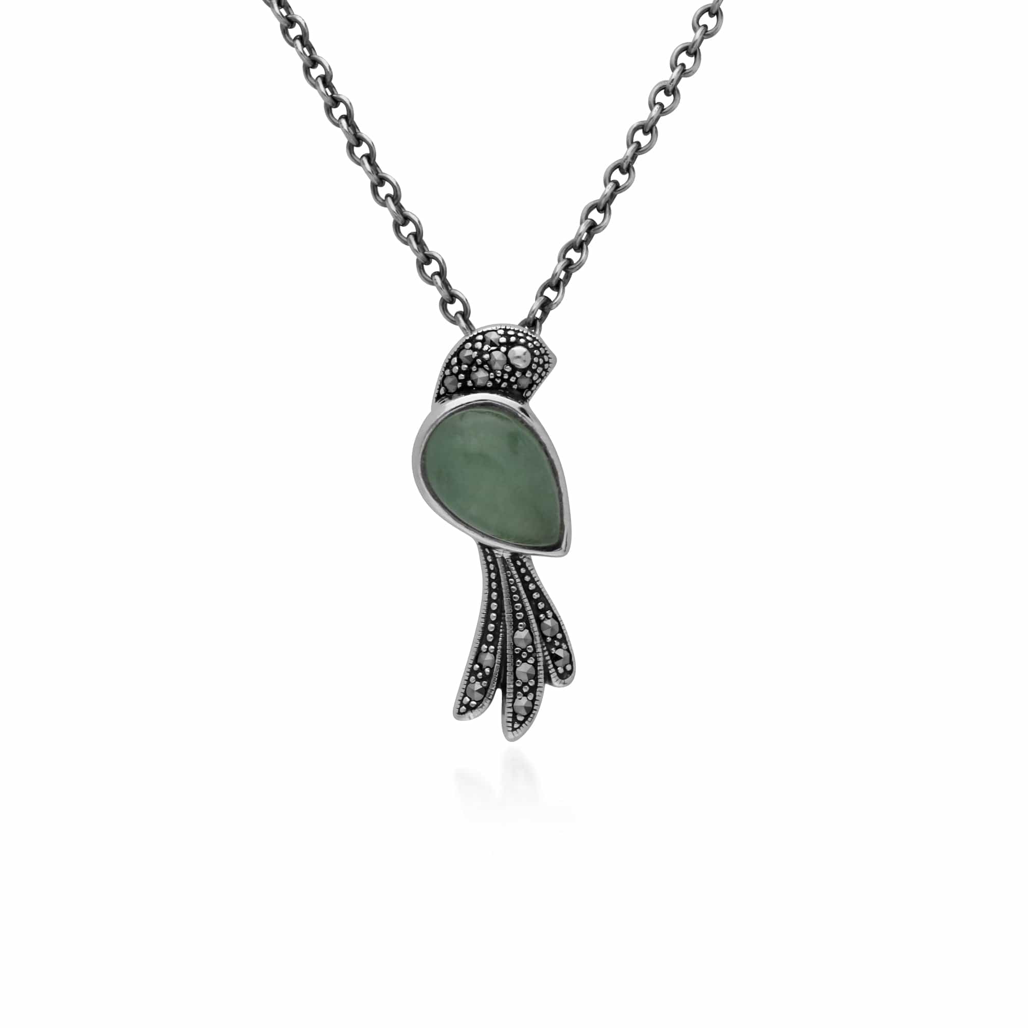 Classic Pear Green Jade & Marcasite Bird Necklace in 925 Sterling Silver - Gemondo