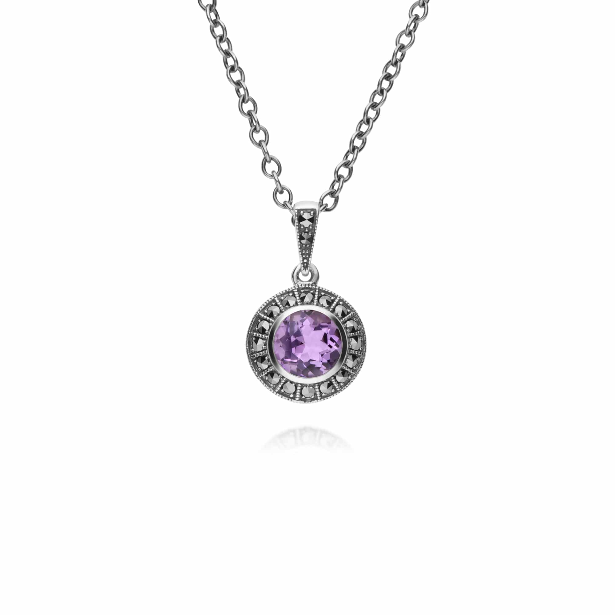 Art Deco Style Round Amethyst & Marcasite Halo Pendant in 925 Sterling Silver