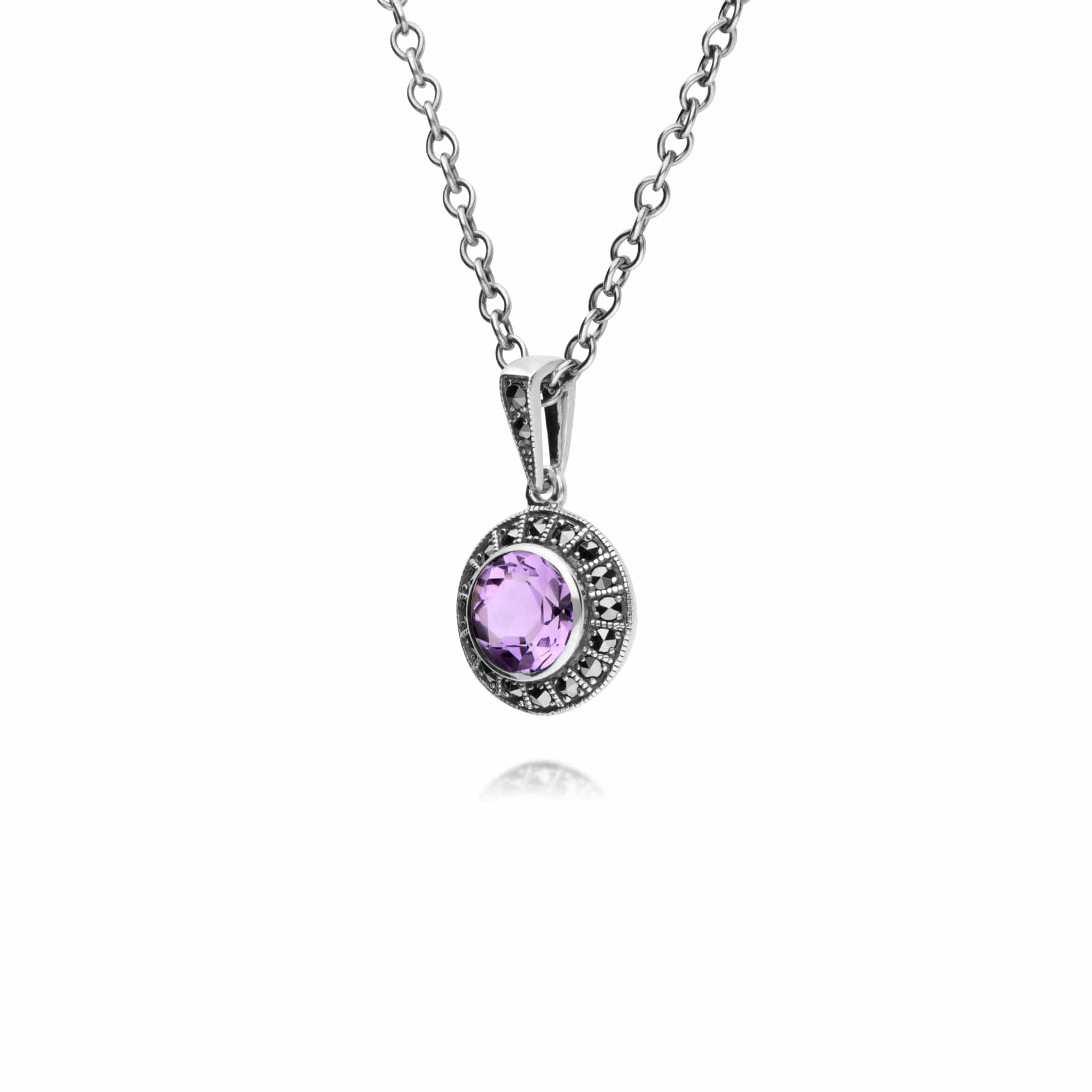 Art Deco Style Round Amethyst & Marcasite Halo Pendant in 925 Sterling Silver