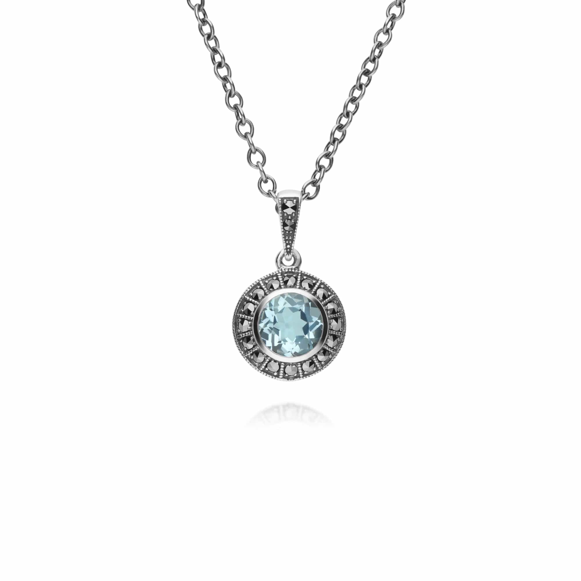 214N707302925 Gemondo Sterling Silver Round Blue Topaz and Marcasite Cluster 45cm Necklace 1