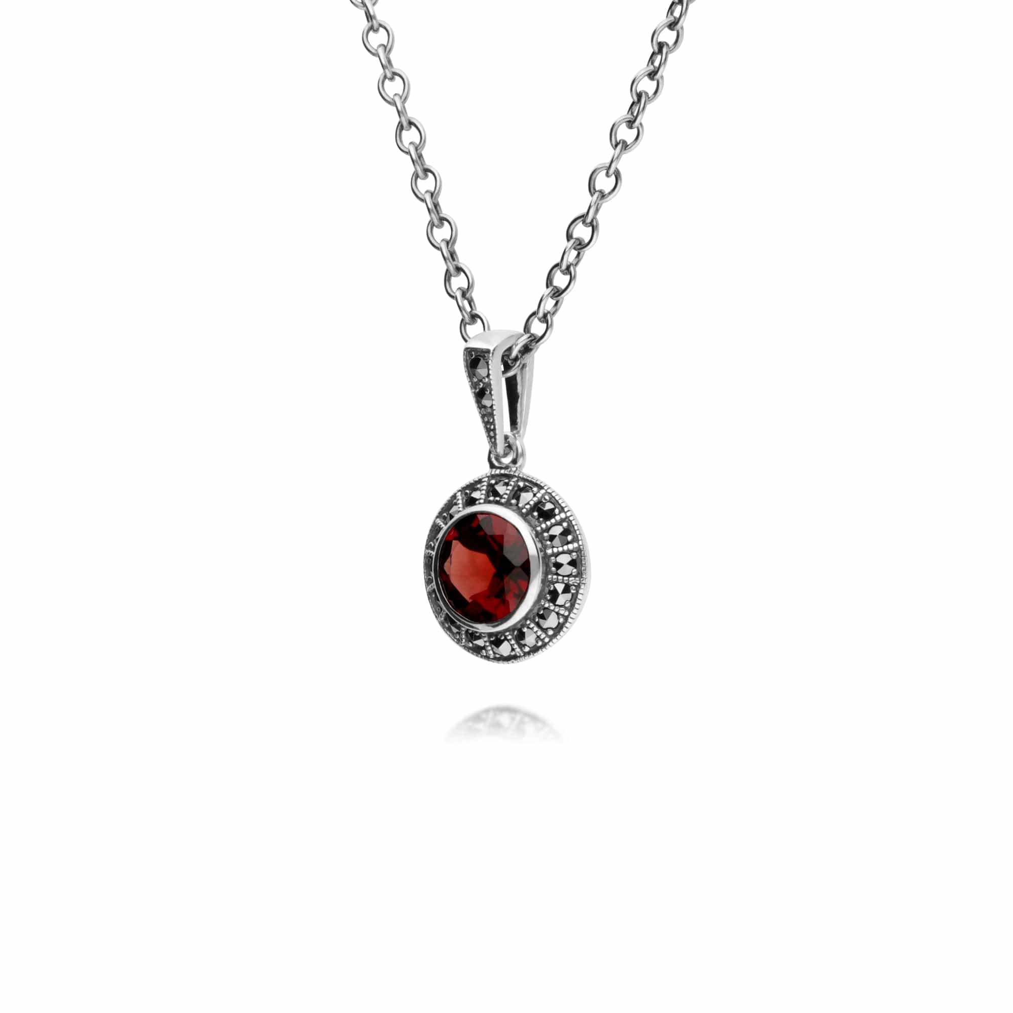 Art Deco Style Round Garnet & Marcasite Halo Pendant in 925 Sterling Silver - Gemondo