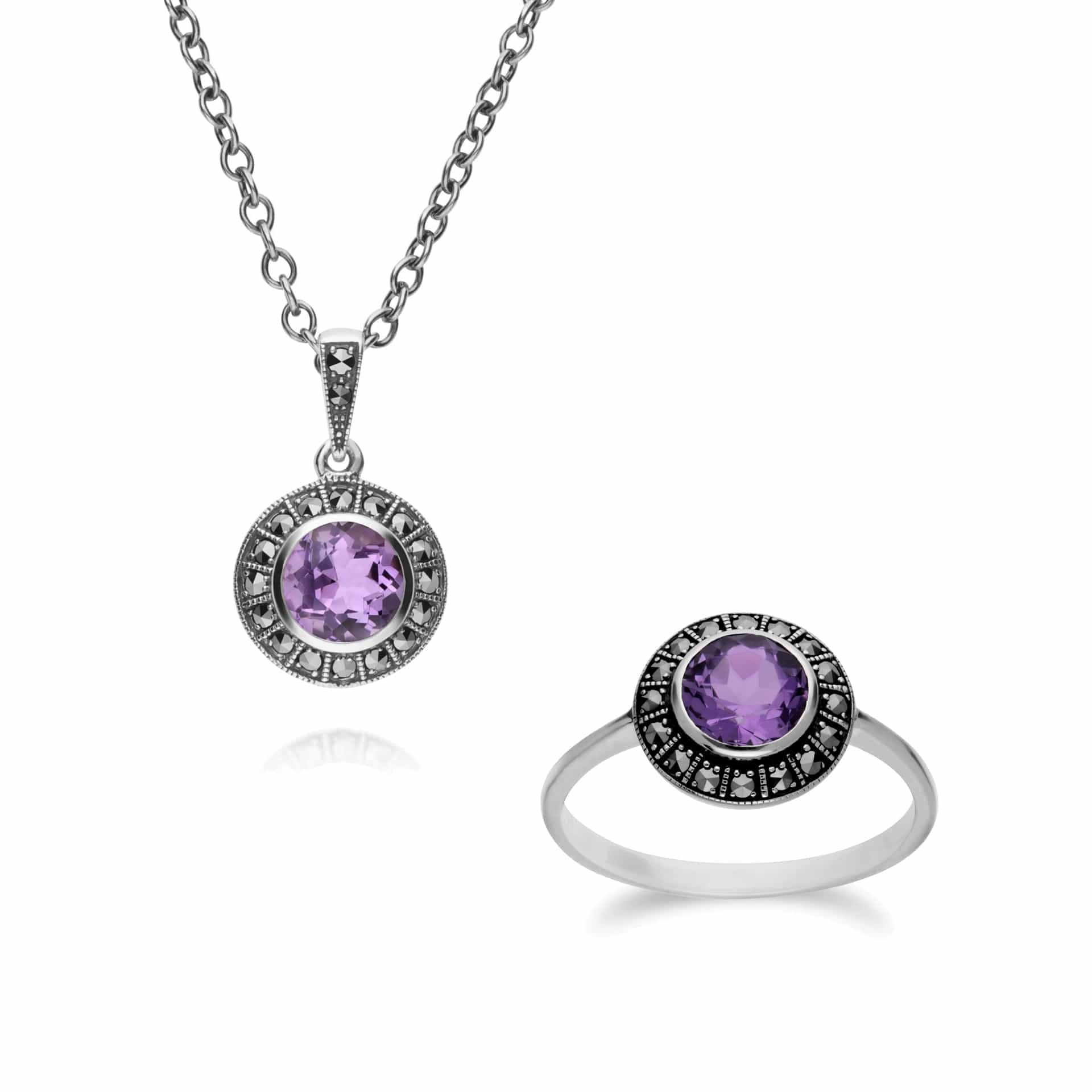 Art Deco Amethsyt & Marcasite Cluster Ring & Pendant Set Image 1