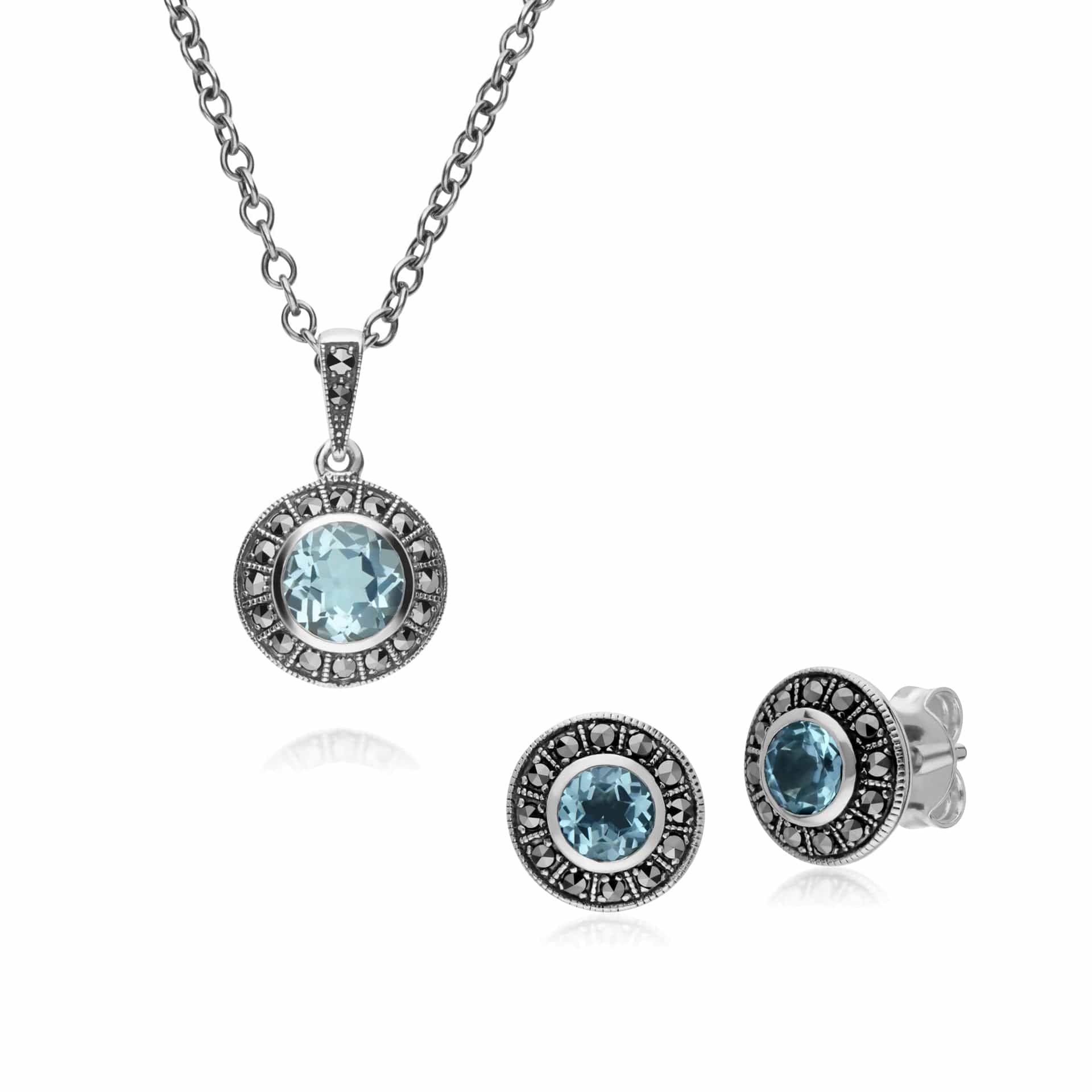 214E872702925-214N707302925 Art Deco Style Round Blue Topaz and Marcasite Cluster Stud Earrings & Pendant Set in 925 Sterling Silver 1