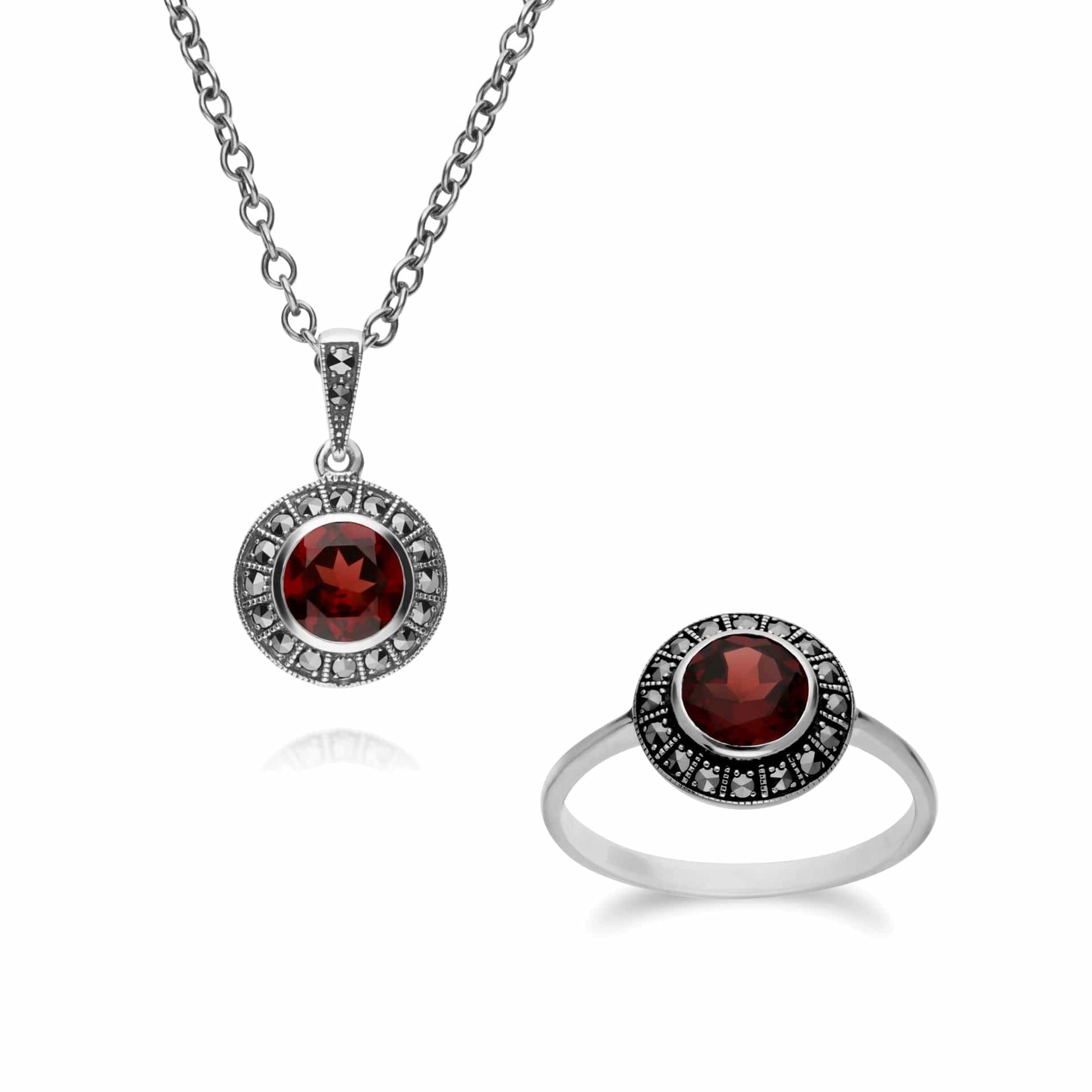 Art Deco Round Garnet & Marcasite Cluster Ring & Pendant Set Image 1
