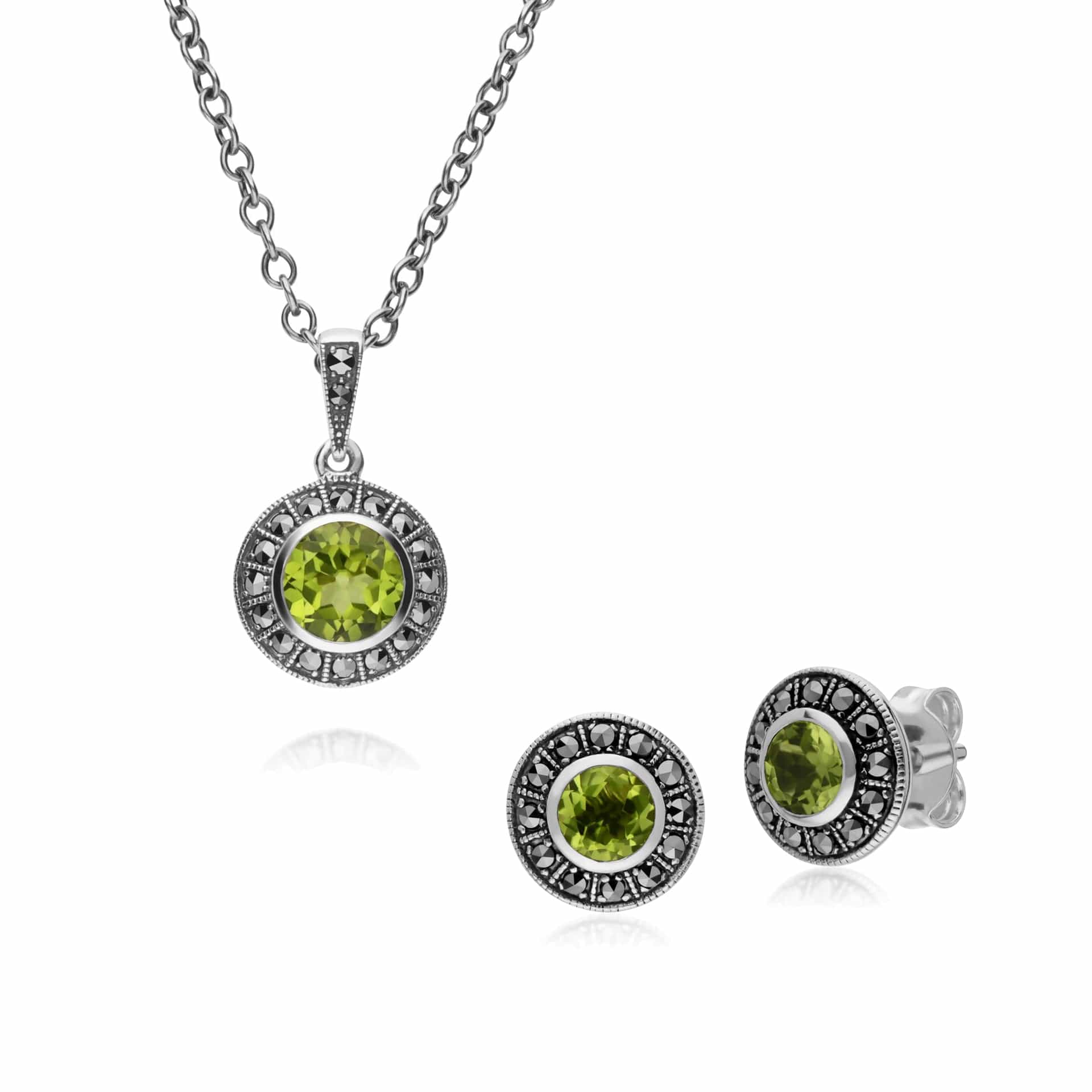 Art Deco peridot & marcasite Clister Stud & Pendant Set Image 1