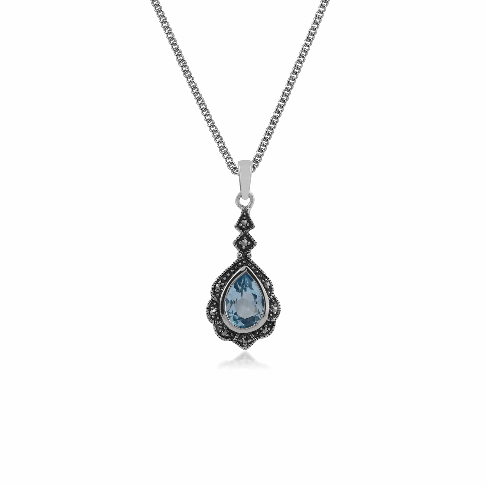 Art Nouveau Style Pear Blue Topaz & Marcasite Leaf Pendant in 925 Sterling Silver - Gemondo