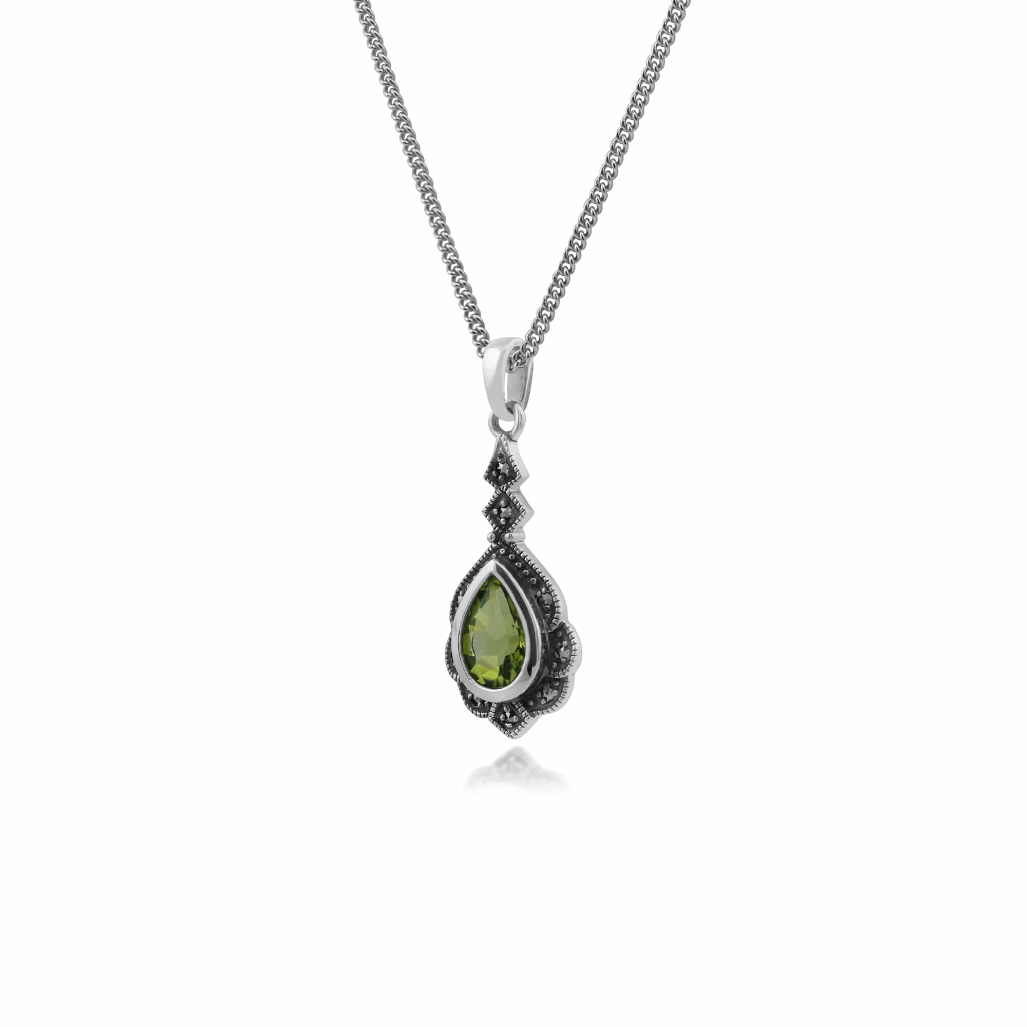 Art Nouveau Style Pear Peridot & Marcasite Leaf Pendant in 925 Sterling Silver - Gemondo