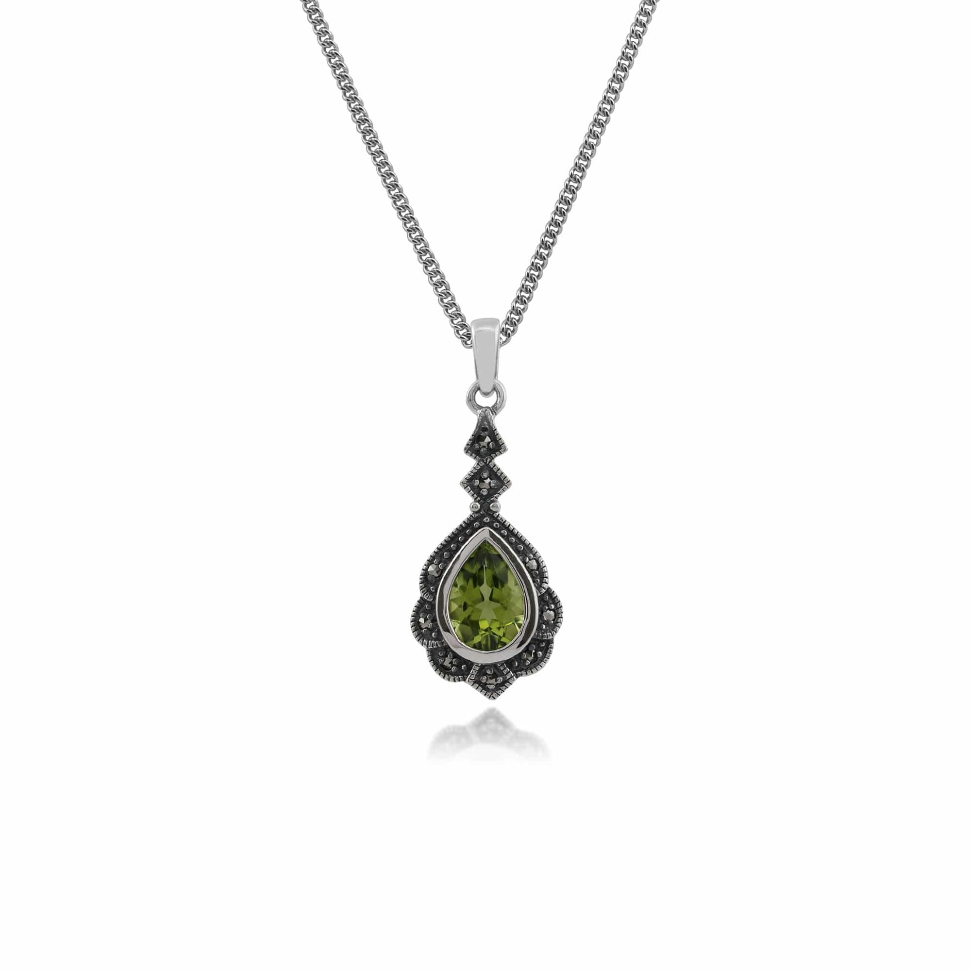 Art Nouveau Style Pear Peridot & Marcasite Leaf Pendant in 925 Sterling Silver - Gemondo