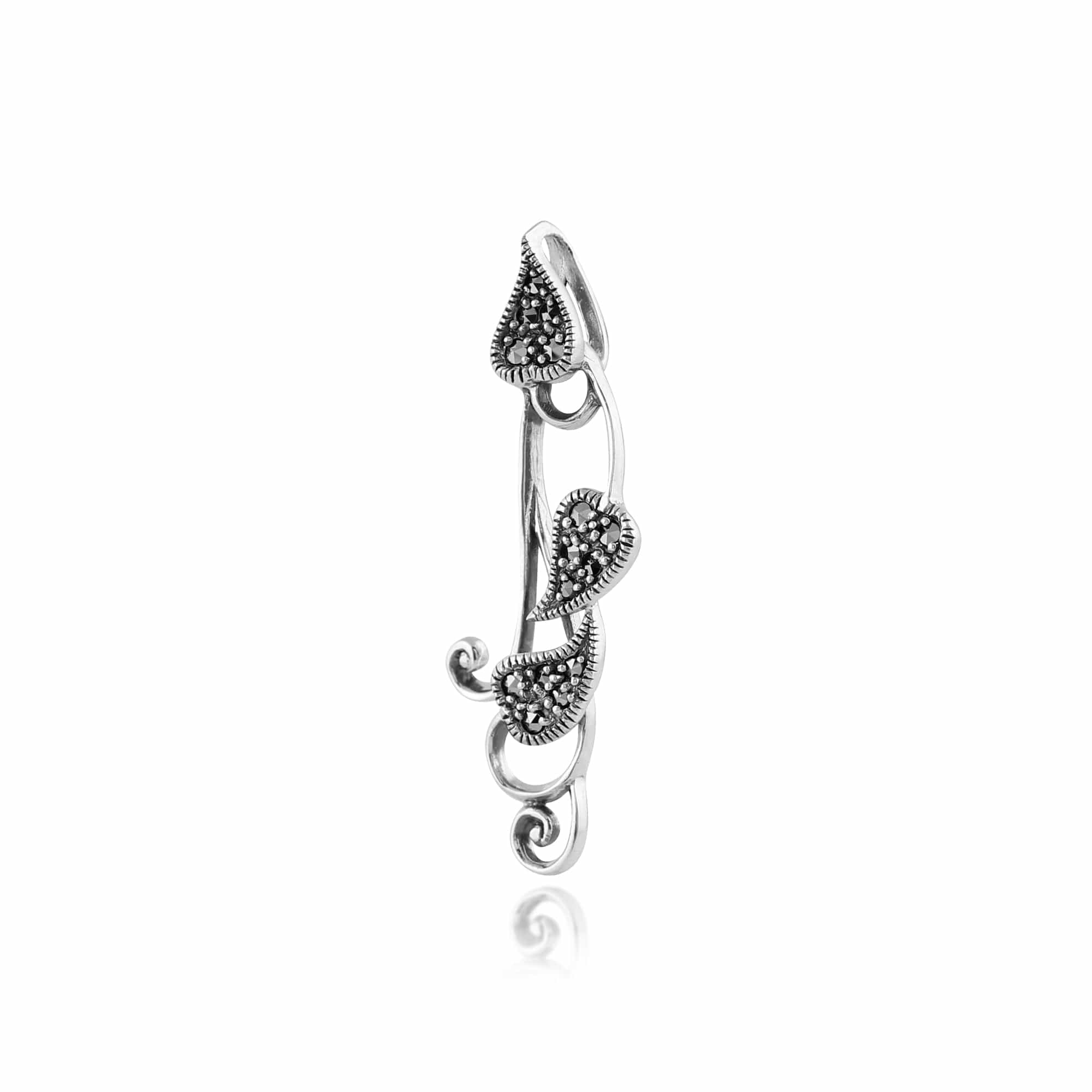 Art Nouveau Style Round Marcasite Leaf Pendant in 925 Sterling Silver - Gemondo