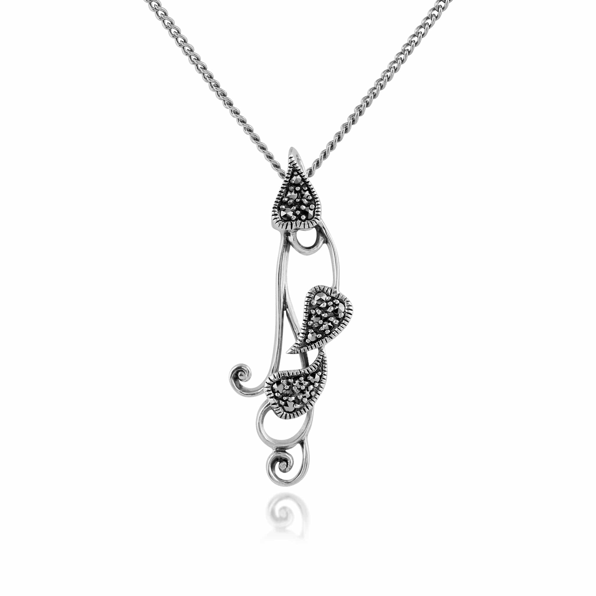 Art Nouveau Style Round Marcasite Leaf Pendant in 925 Sterling Silver - Gemondo