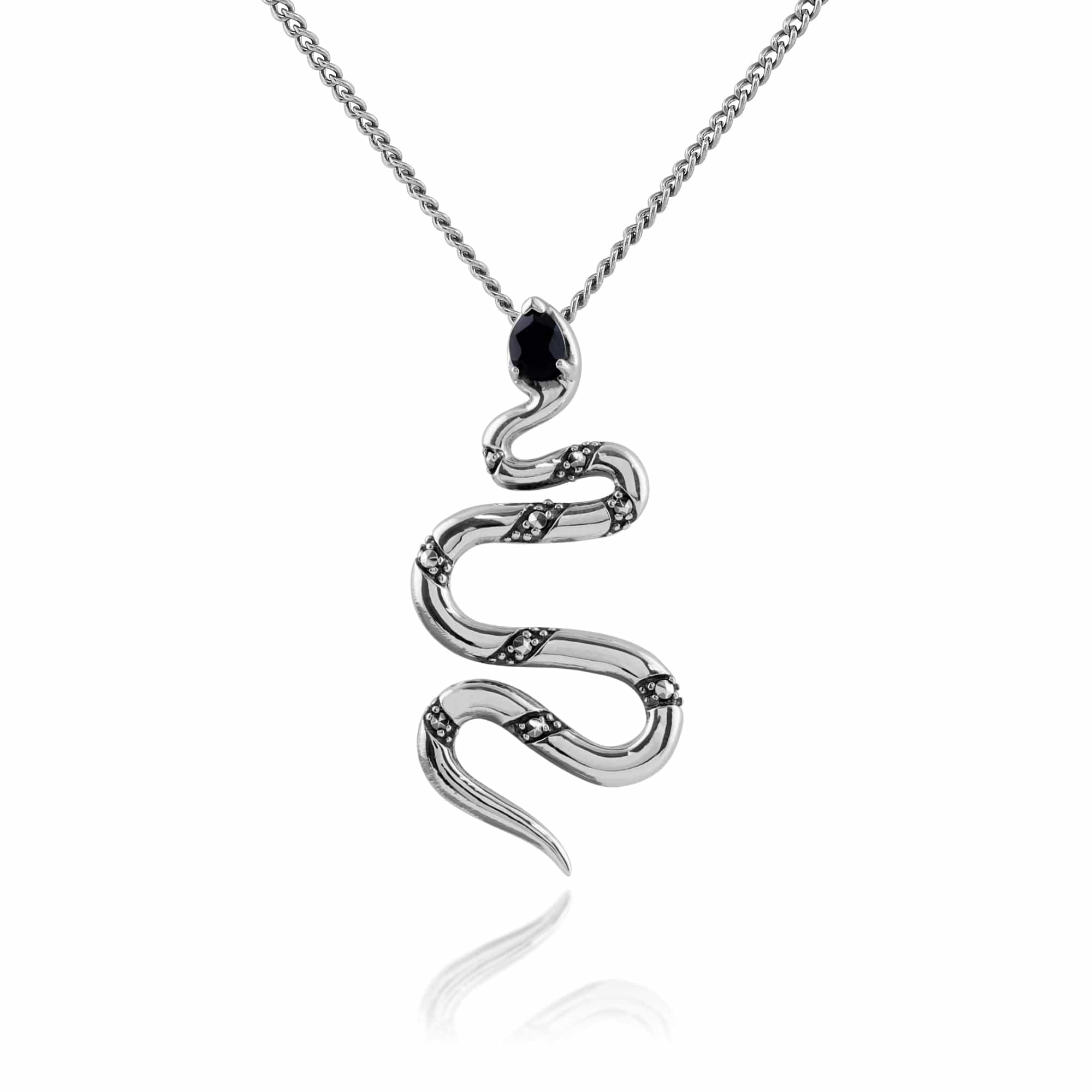 Art Deco Style Pear Black Spinel & Marcasite Snake Necklace in 925 Sterling Silver - Gemondo