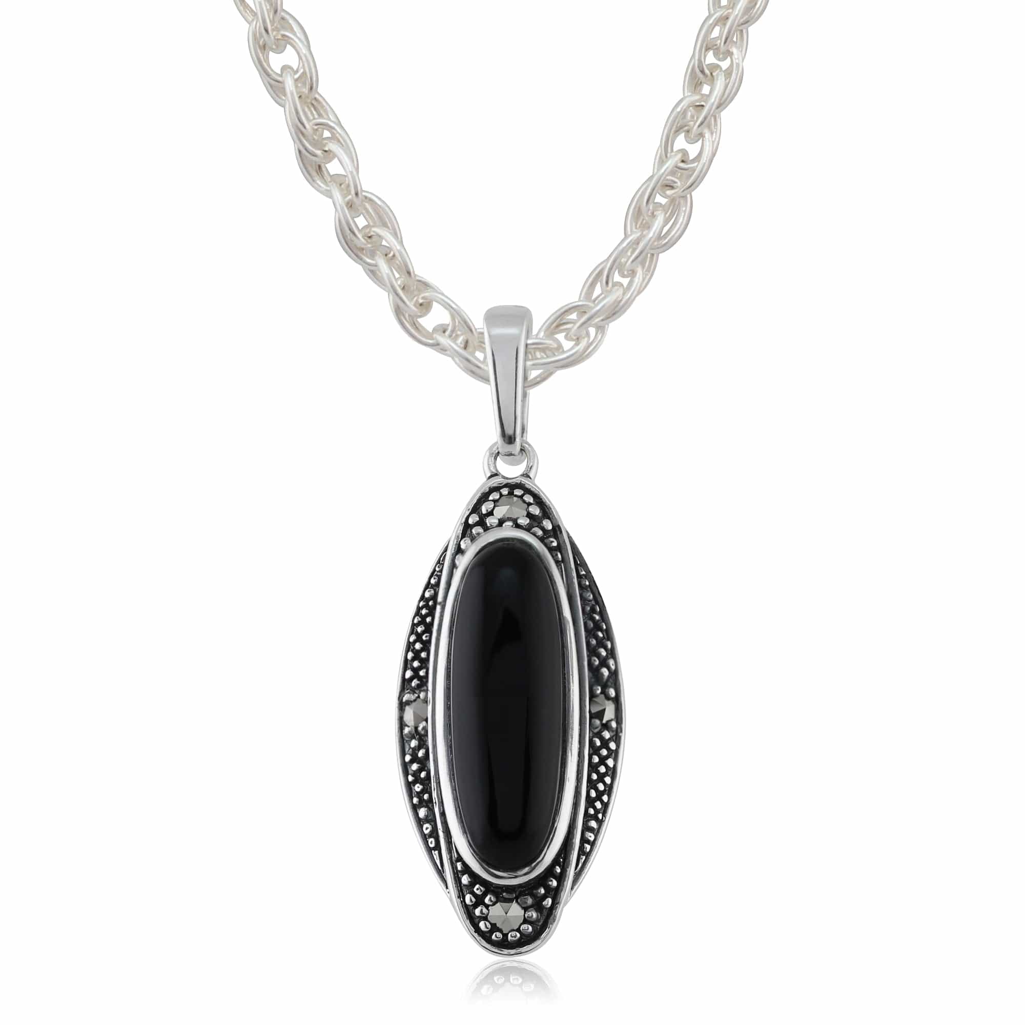 Art Deco Black Onyx & Marcasite Drop Earrings & Pendant Set Image 4