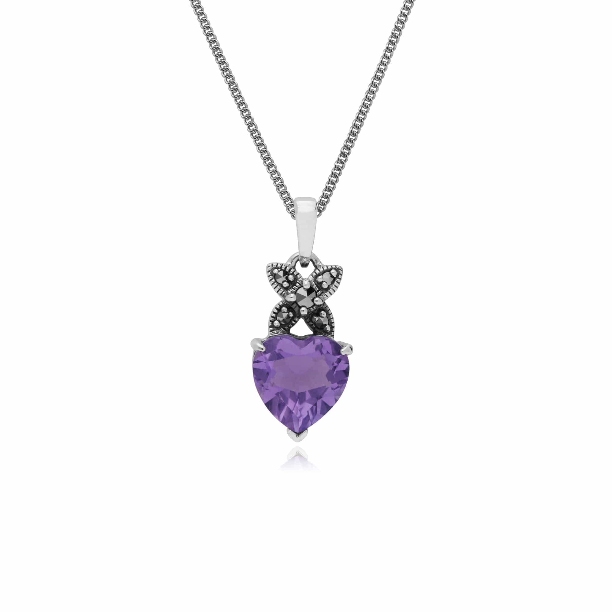214P245703925 Sterling Silver Amethyst & Marcasite February Heart Pendant on 45cm Chain 1