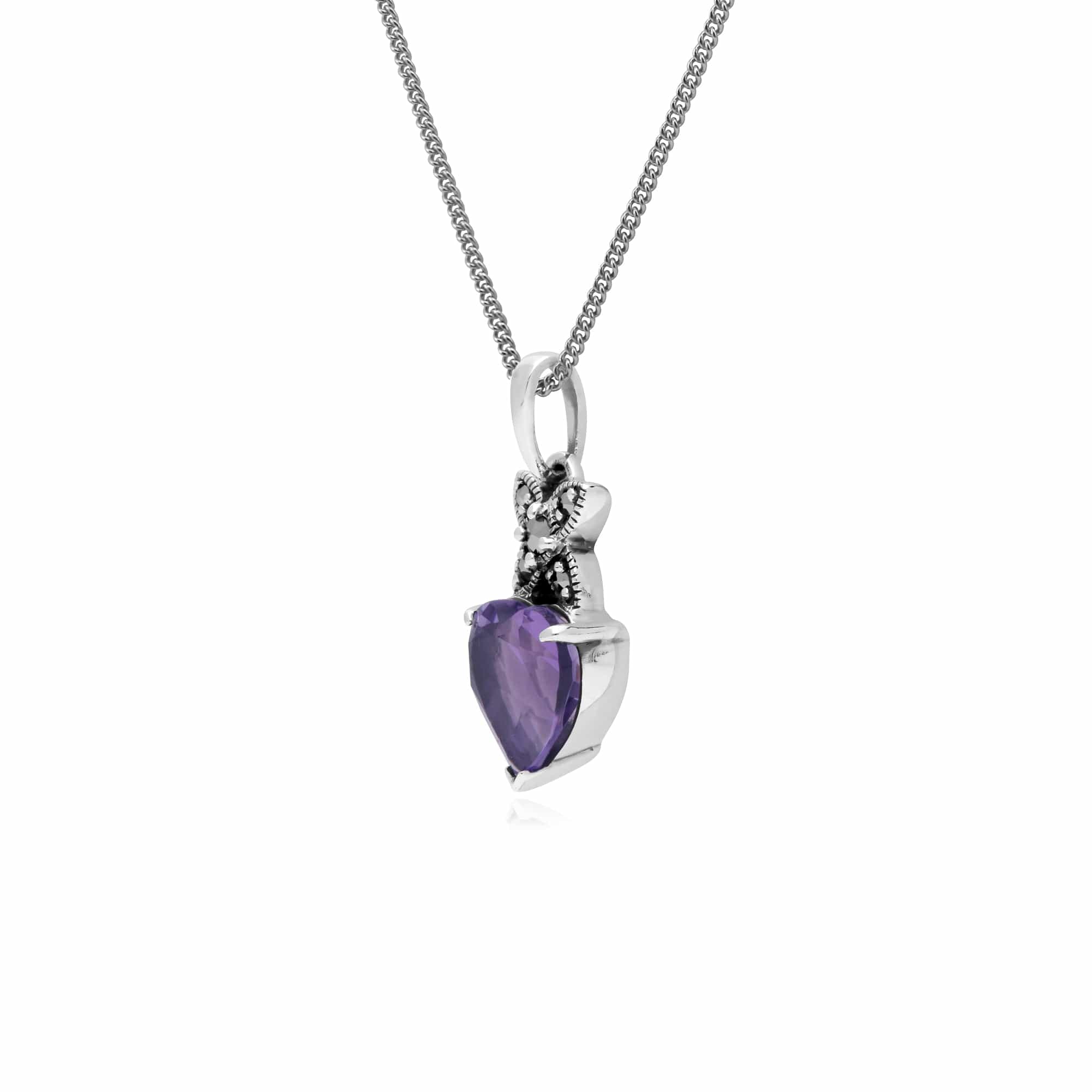 214P245703925 Sterling Silver Amethyst & Marcasite February Heart Pendant on 45cm Chain 2