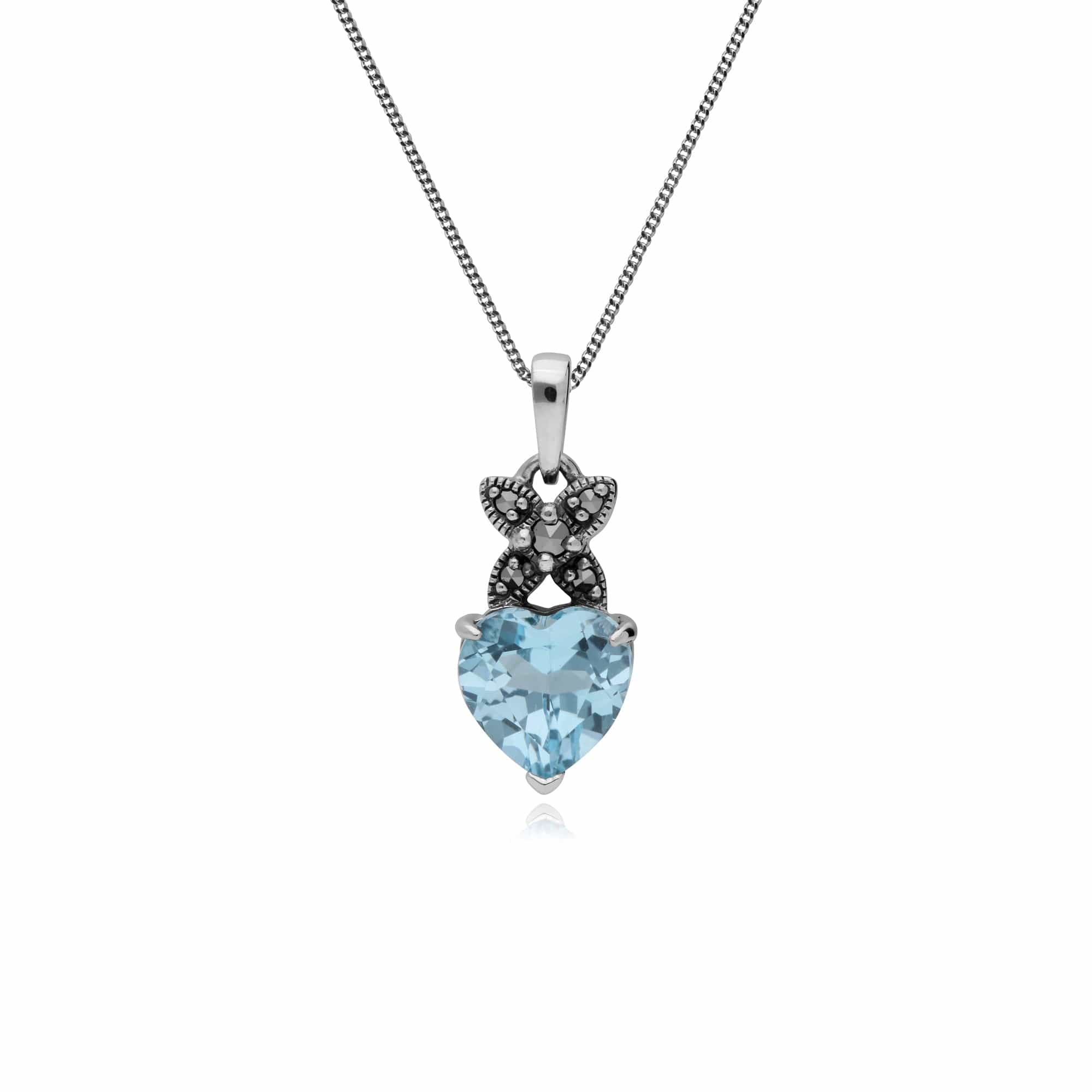 214P245707925 Sterling Silver Blue Topaz & Marcasite February Heart Pendant on 45cm Chain 1