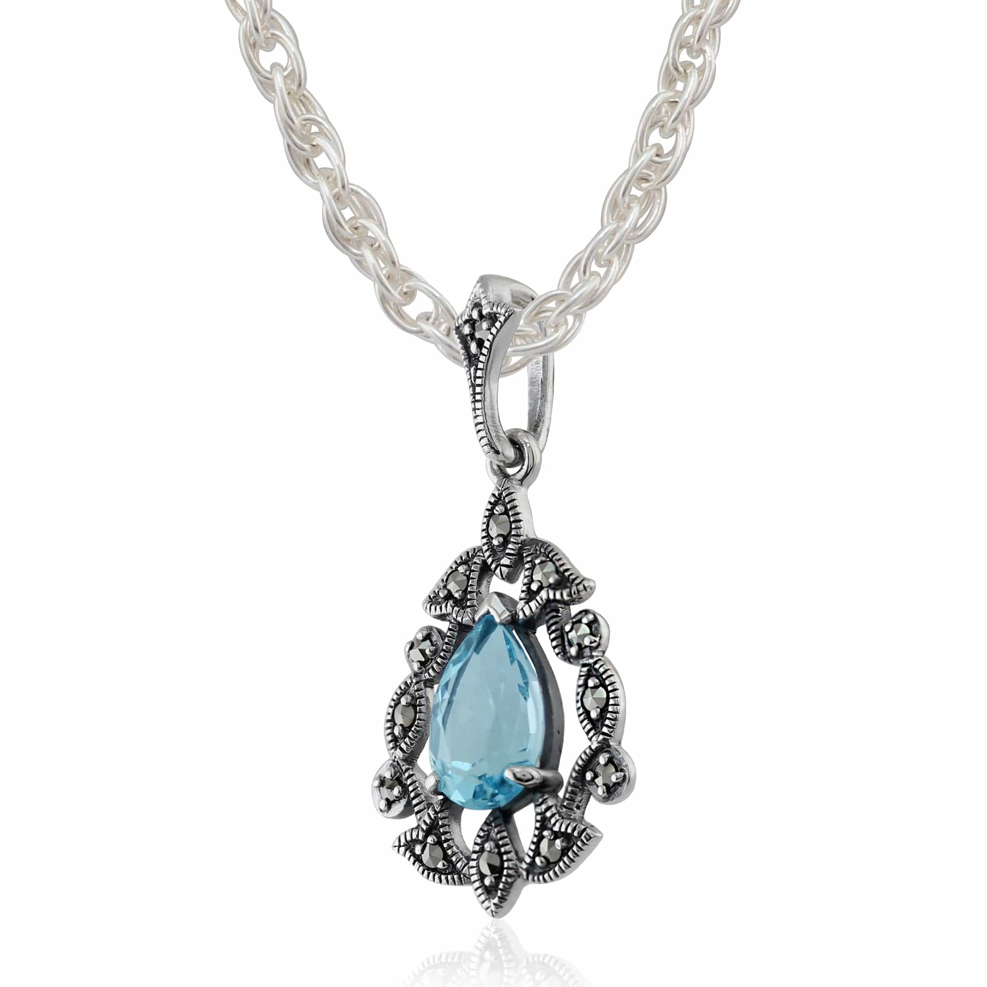 214P284901925 Art Nouveau Style Pear Blue Topaz & Marcasite Pendant in 925 Sterling Silver 2