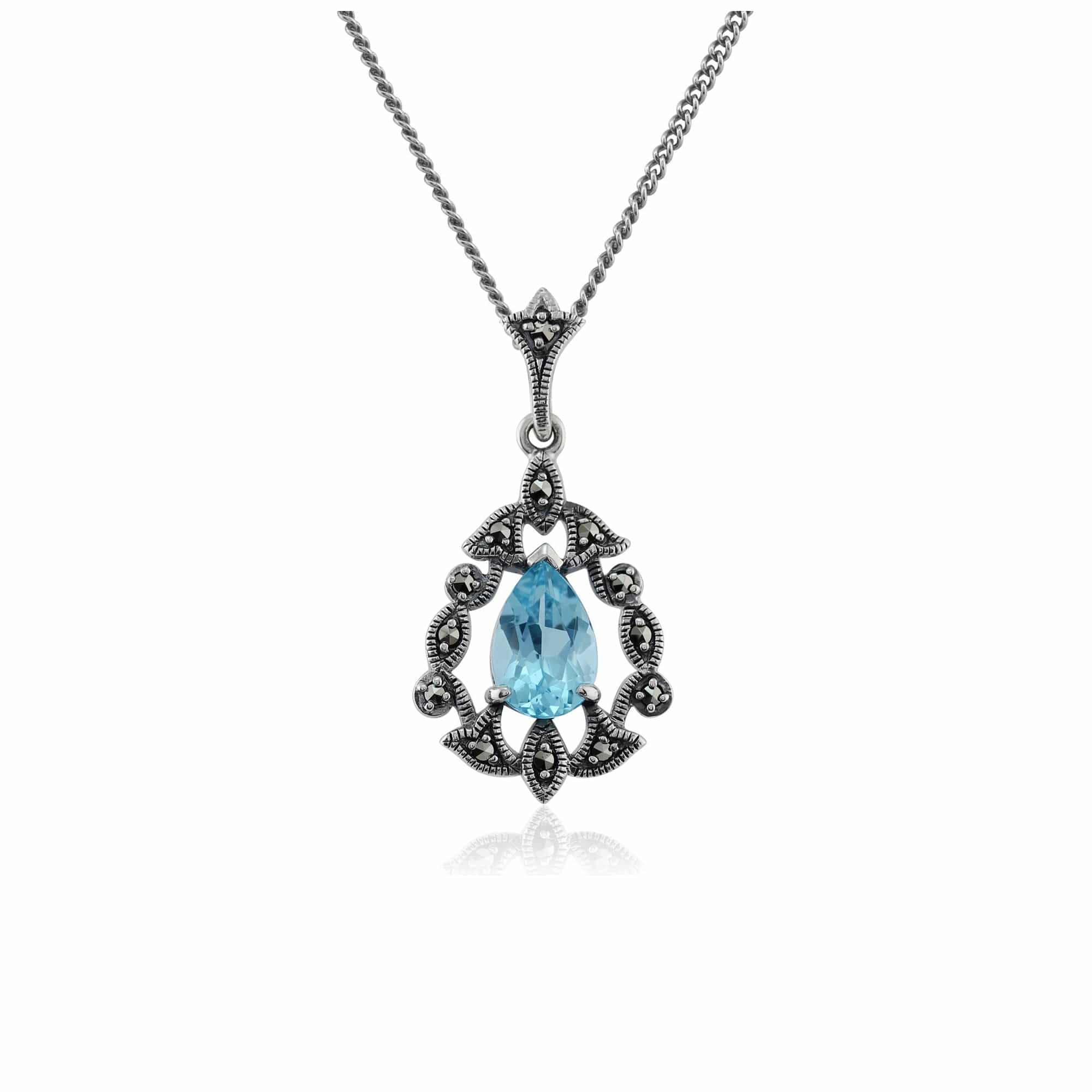 214P284901925 Art Nouveau Style Pear Blue Topaz & Marcasite Pendant in 925 Sterling Silver 1