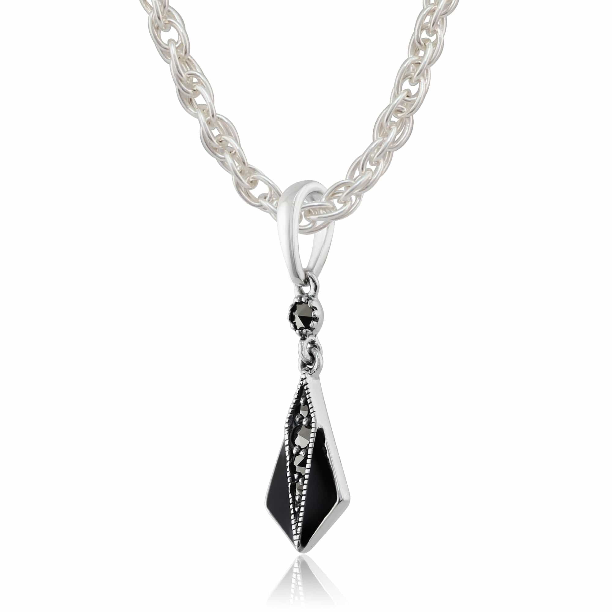 Art Deco Style Round Marcasite & Black Enamel Pendant in 925 Sterling Silver - Gemondo