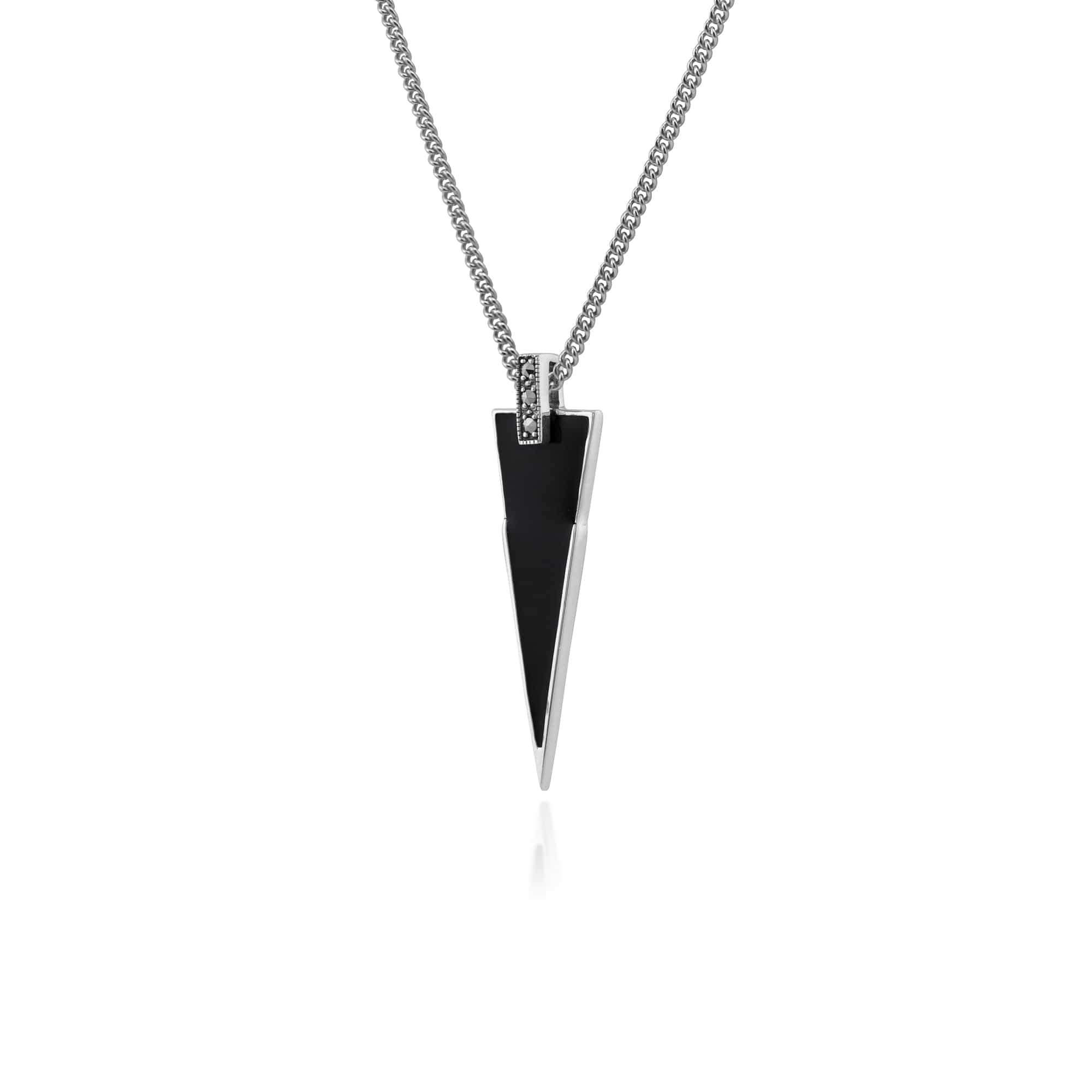 Art Deco Style Black Enamel & Round Marcasite Triangle Pendant in 925 Sterling Silver - Gemondo