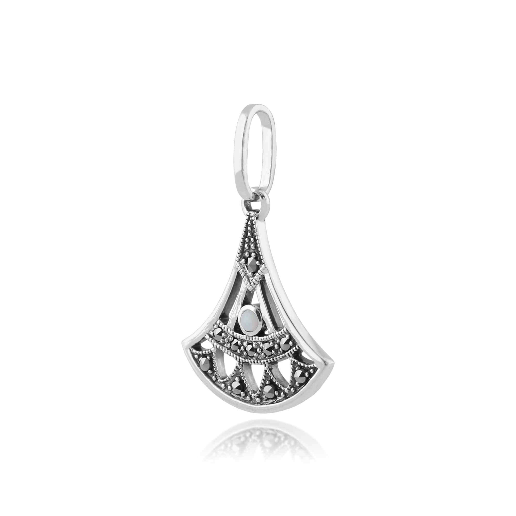 Art Deco Style Round Opal & Marcasite Open Work Fan Drop Pendant