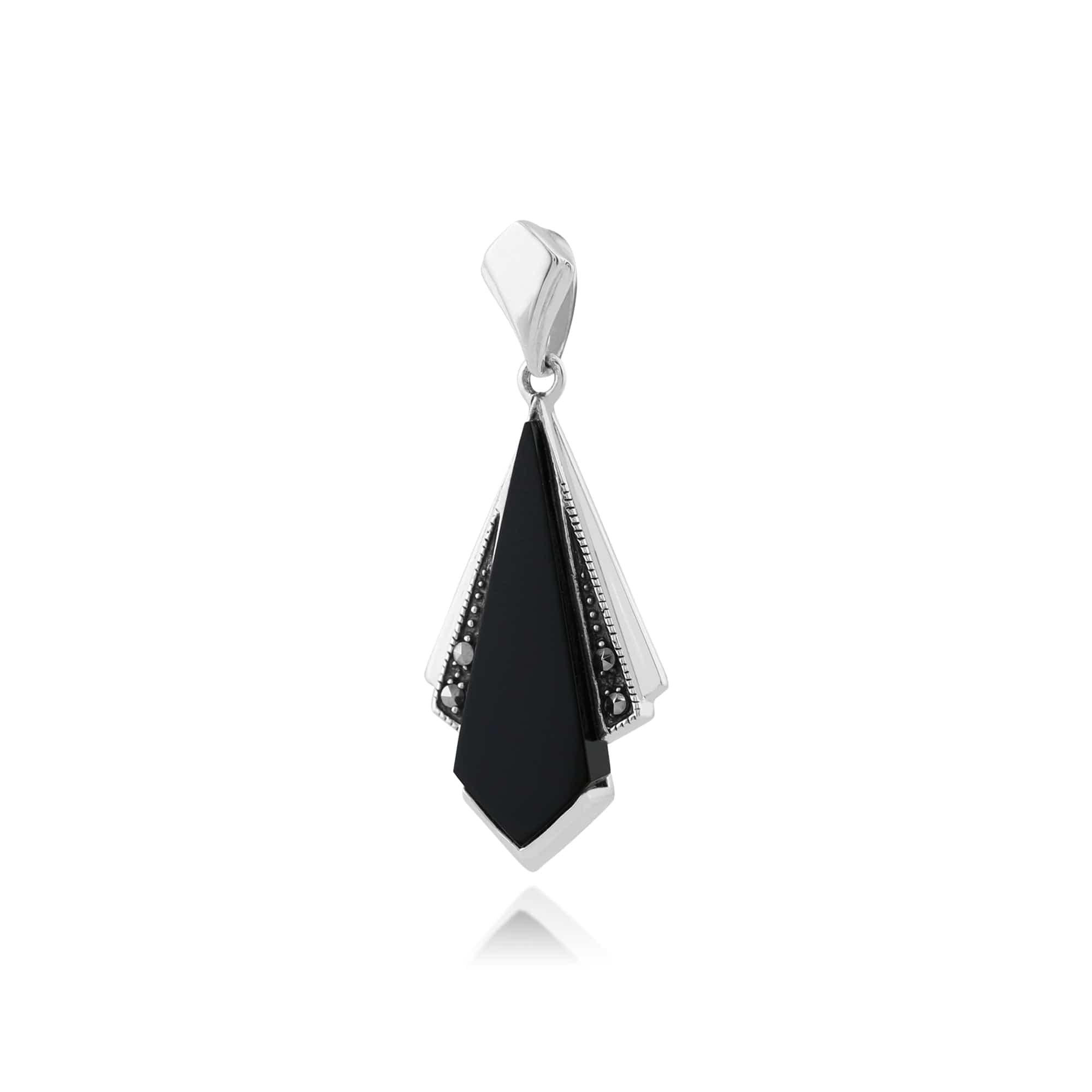 Art Deco Style Black Onyx & Marcasite Fan Drop Pendant in 925 Sterling Silver - Gemondo