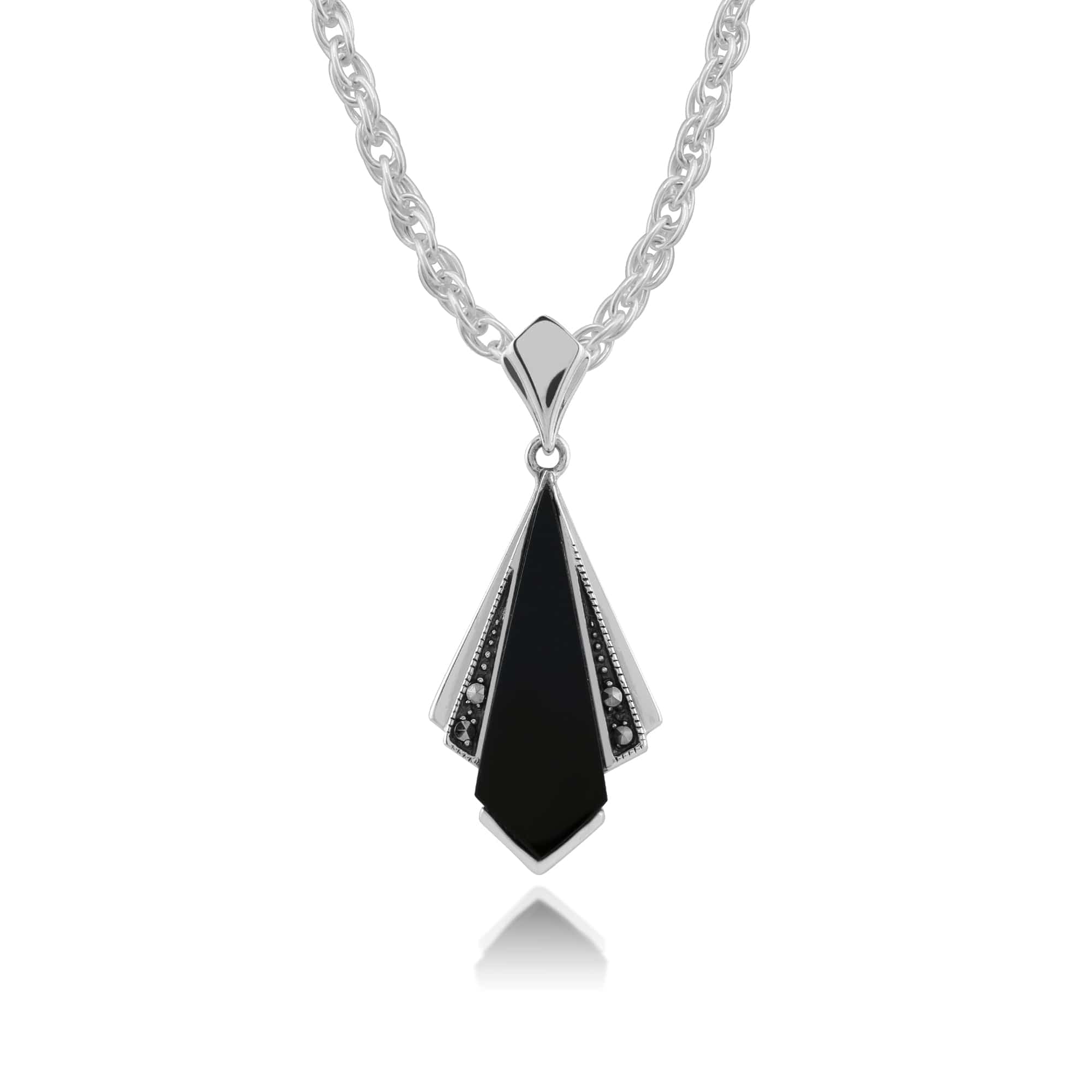 Art Deco Style Black Onyx & Round Marcasite Fan Drop Earrings & Pendant Set in 925 Sterling Silver - Gemondo