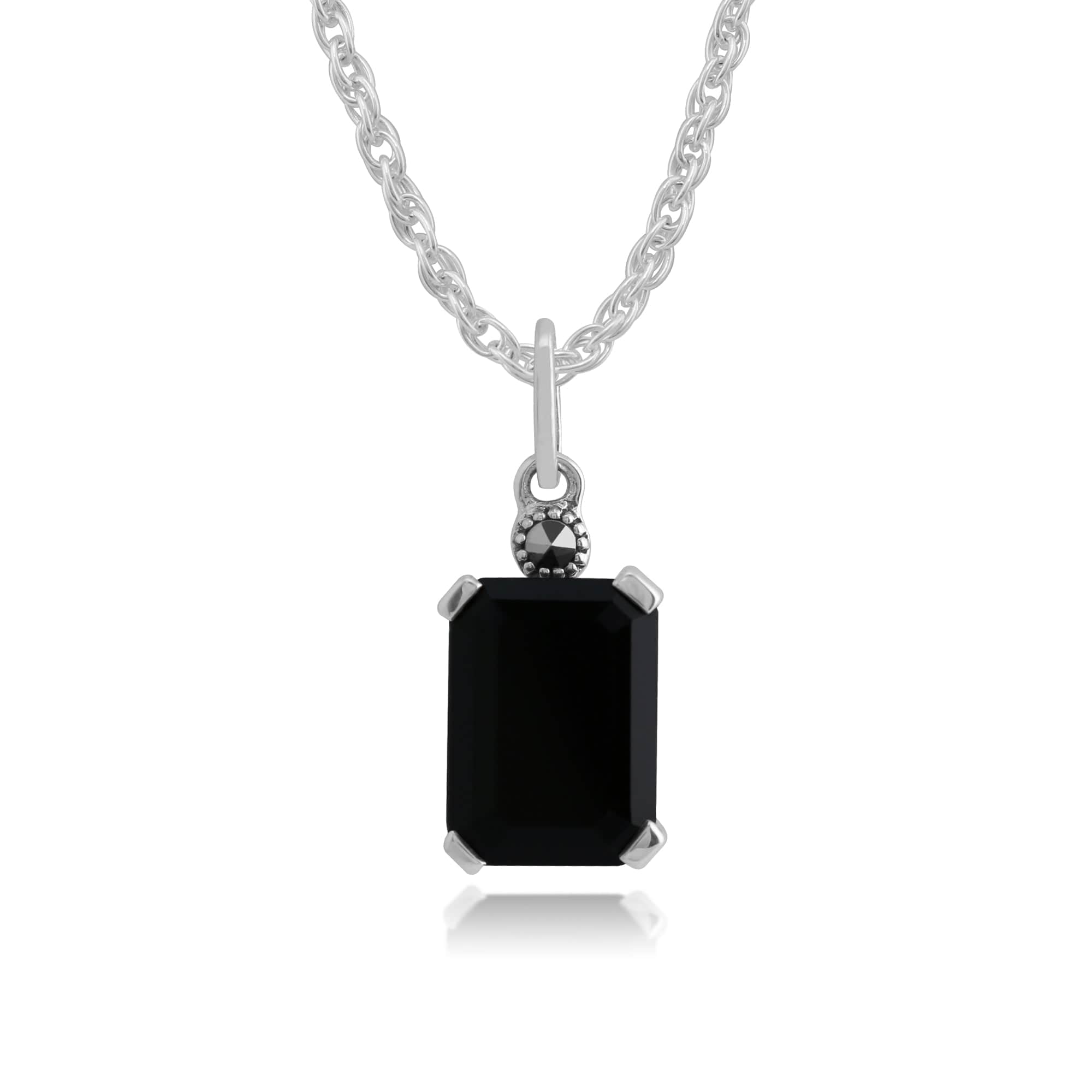 Art Deco Style Octagon Black Onyx & Marcasite Pendant in 925 Sterling Silver - Gemondo