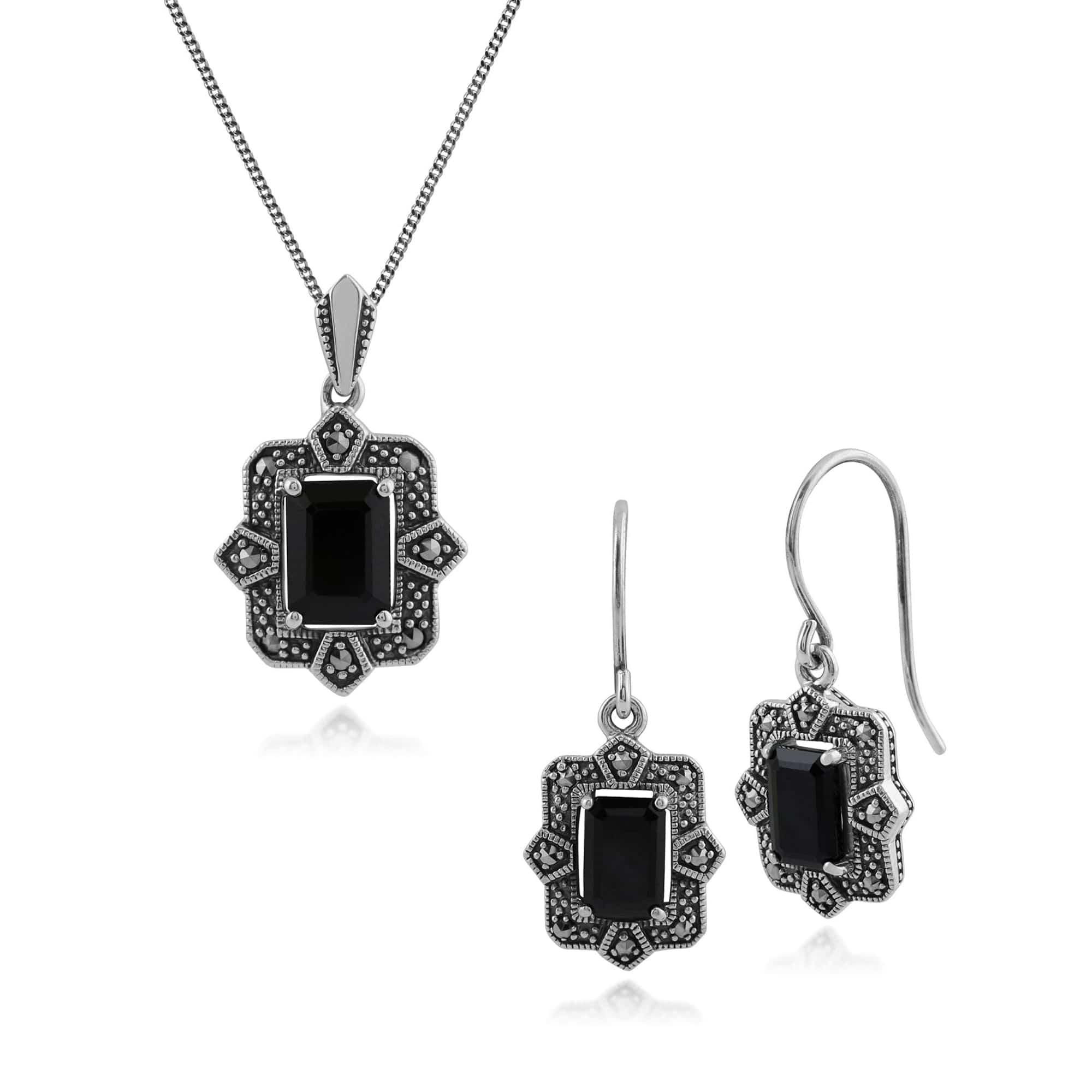 Art Deco Style Black Spinel & Marcasite Earrings & Pendant Set in Silver - Gemondo
