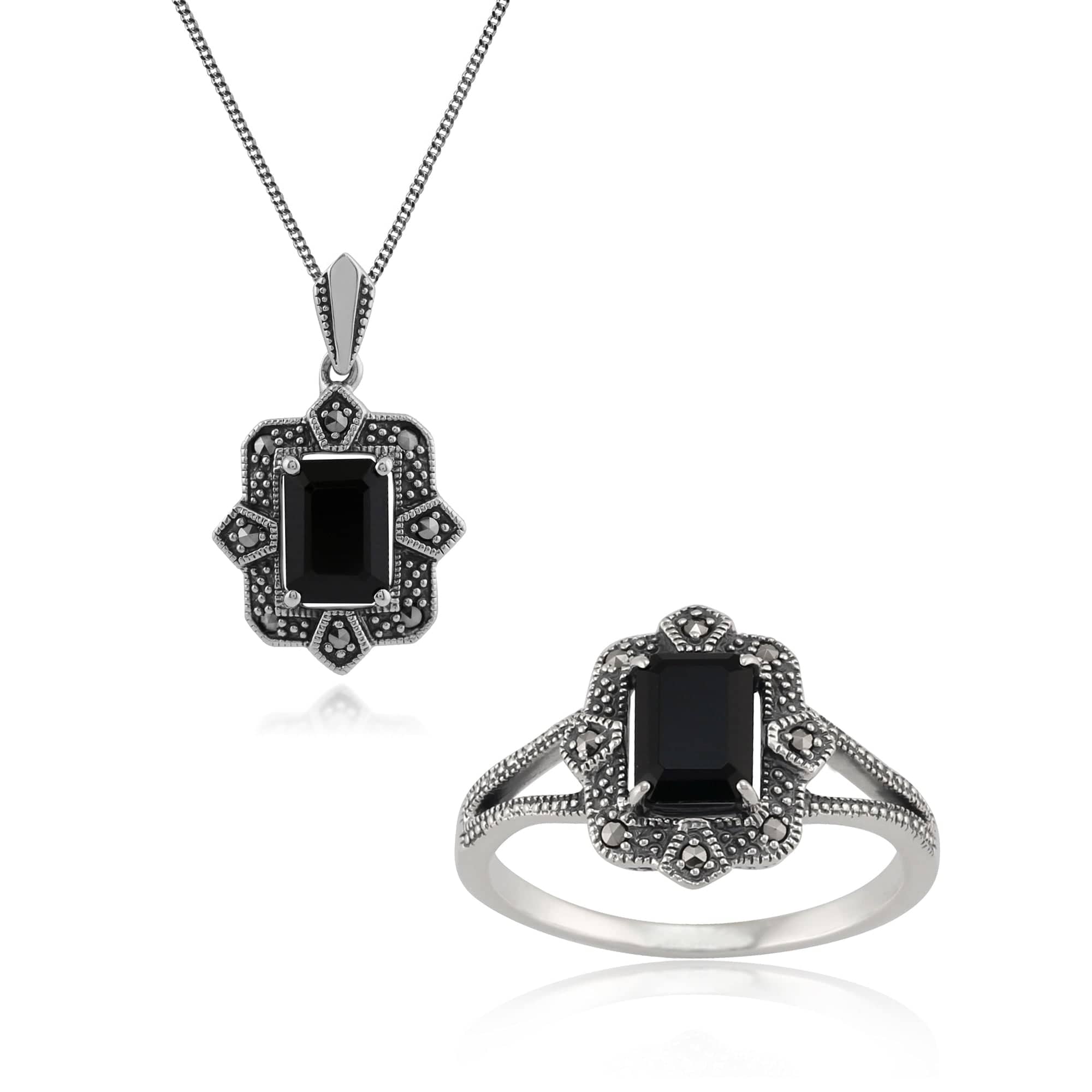 Art Deco Style Black Spinel & Marcasite Drop Earrings & Ring Set in Silver - Gemondo