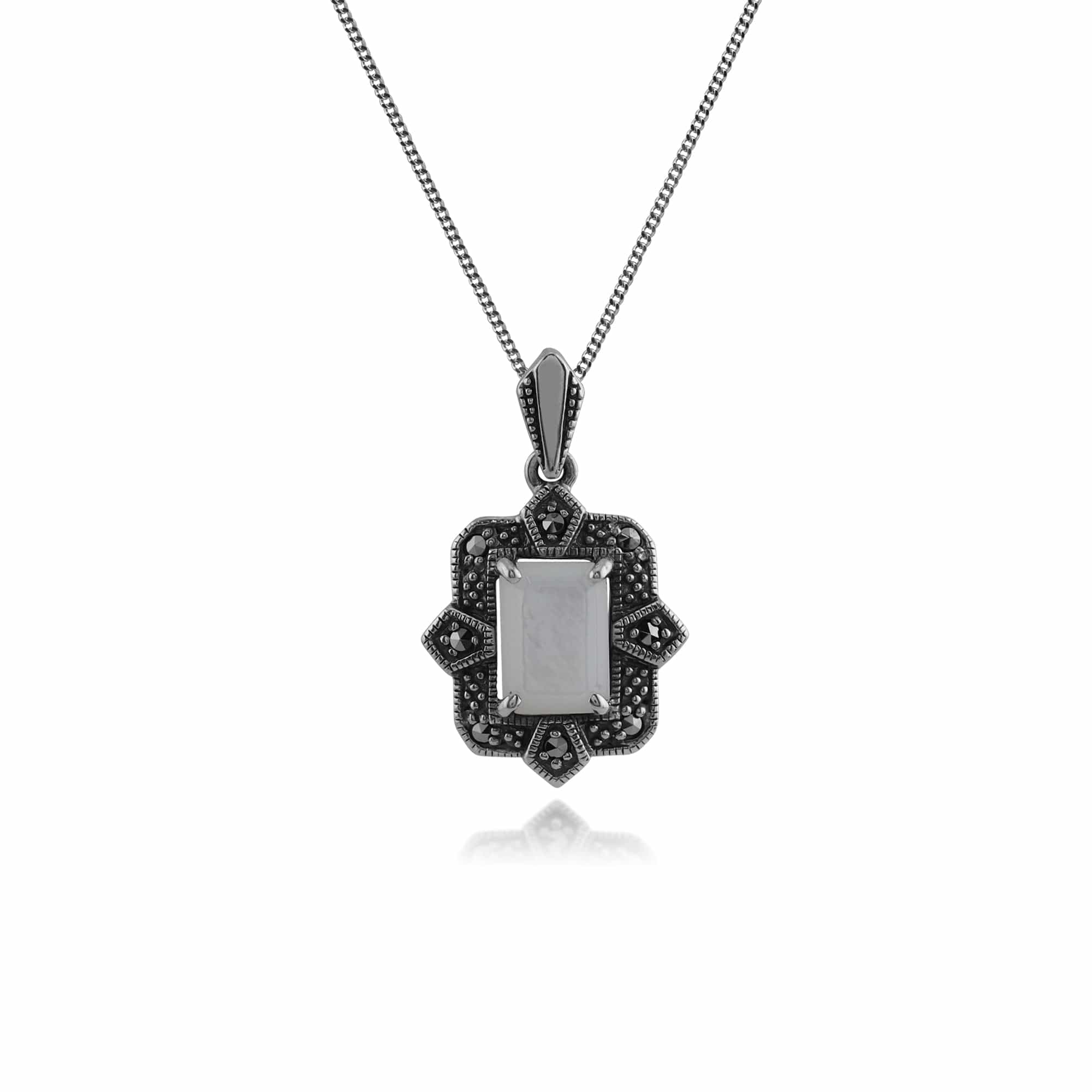Art Deco Style Octagon Mother of Pearl & Marcasite Pendant in 925 Sterling Silver - Gemondo