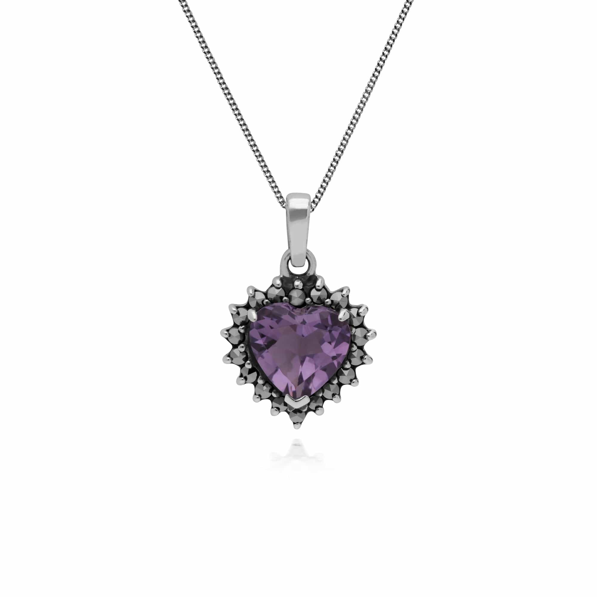 Art Deco Style Heart Amethyst & Marcasite Halo Pendant in 925 Sterling Silver - Gemondo