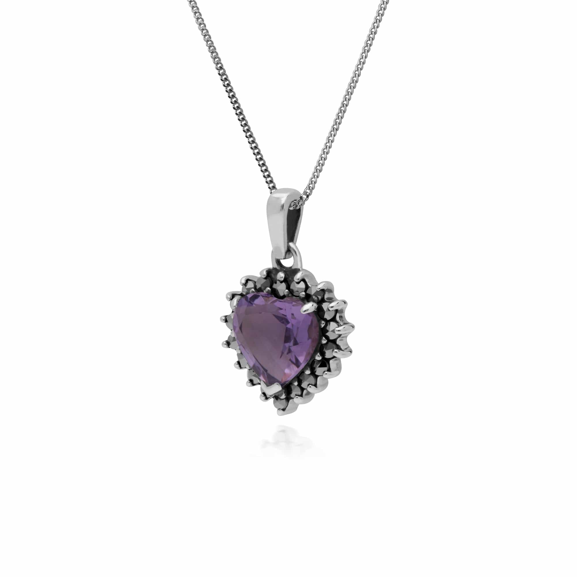 Art Deco Style Heart Amethyst & Marcasite Halo Pendant in 925 Sterling Silver - Gemondo