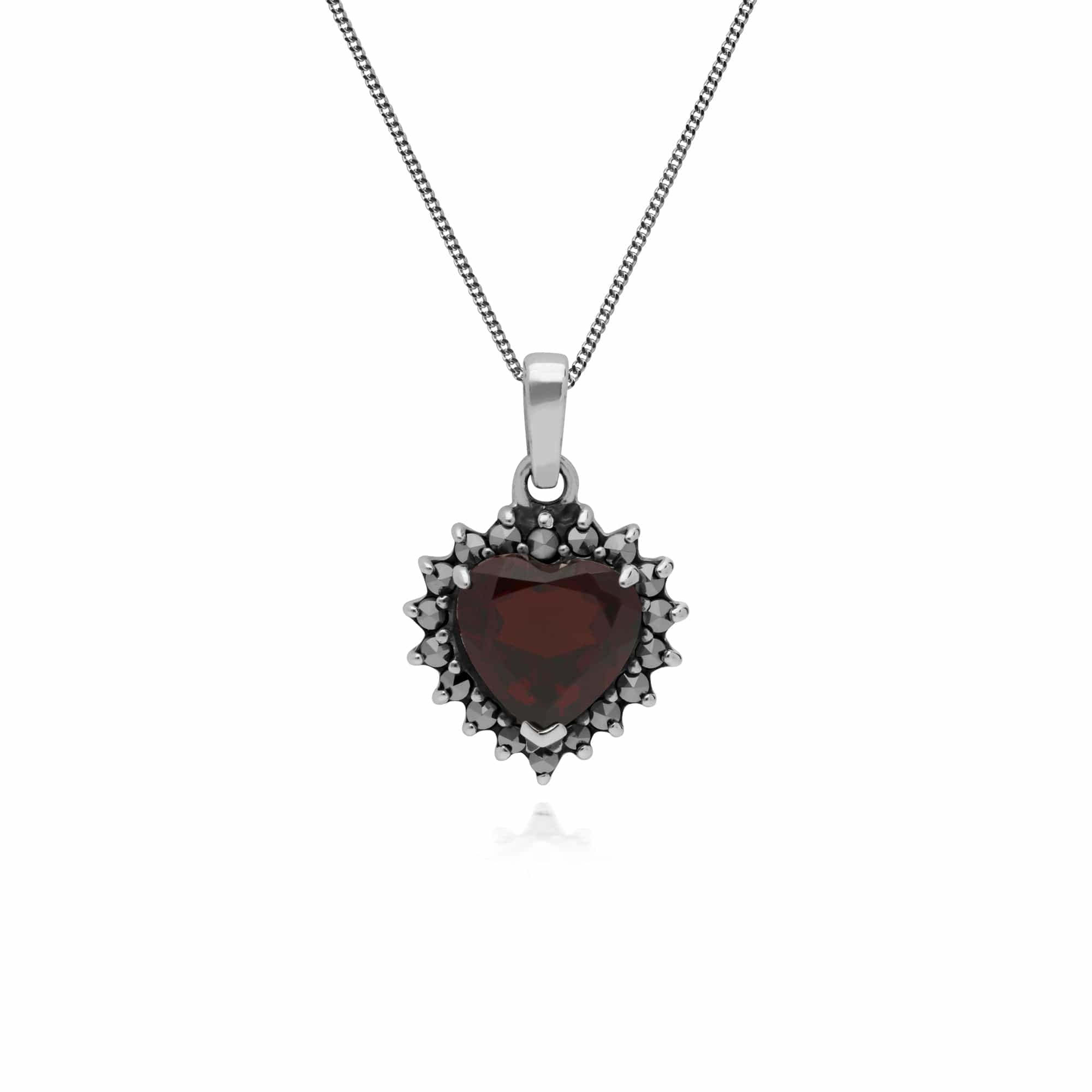 Art Deco Style Heart Garnet & Marcasite Halo Pendant in 925 Sterling Silver - Gemondo