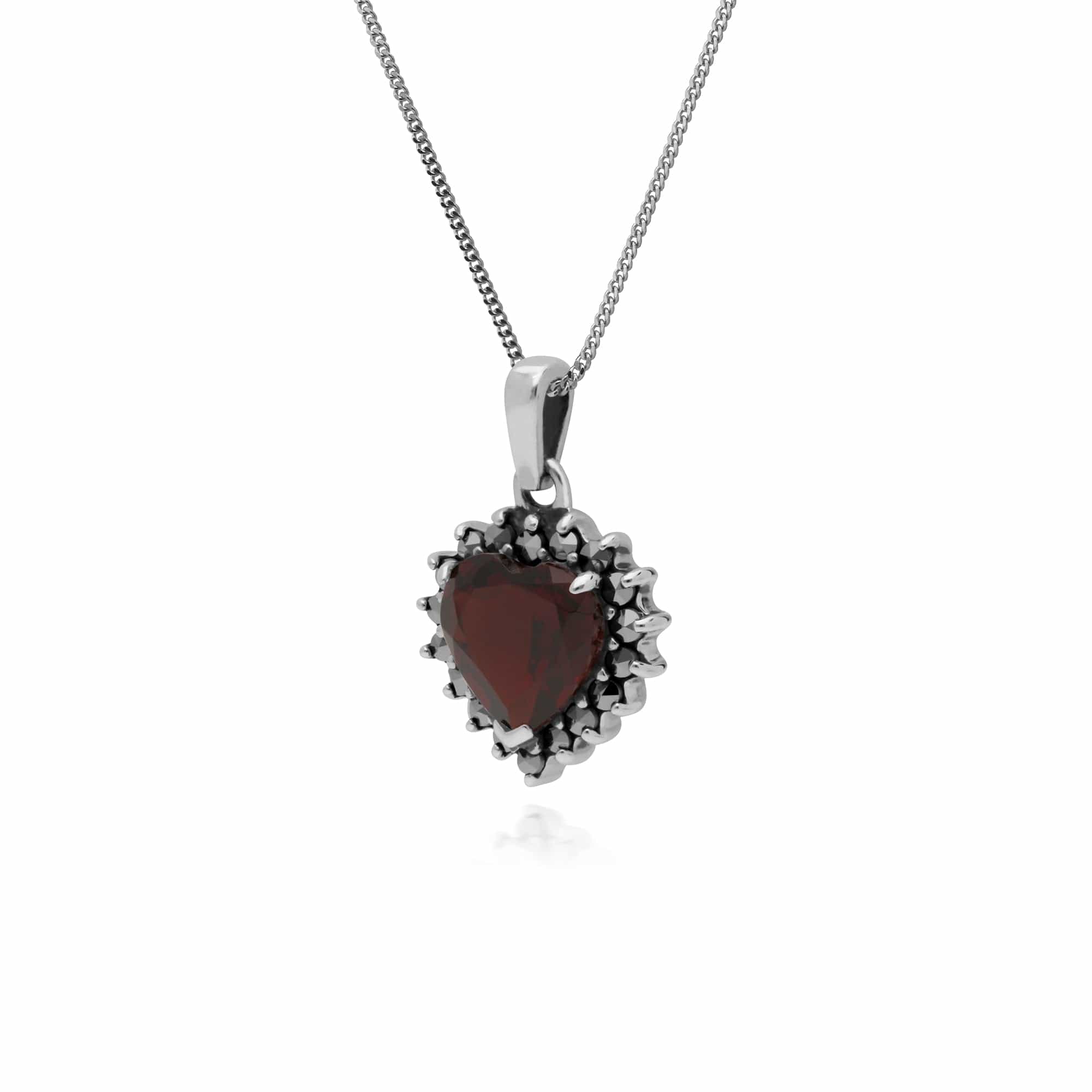 Art Deco Style Heart Garnet & Marcasite Halo Pendant in 925 Sterling Silver - Gemondo