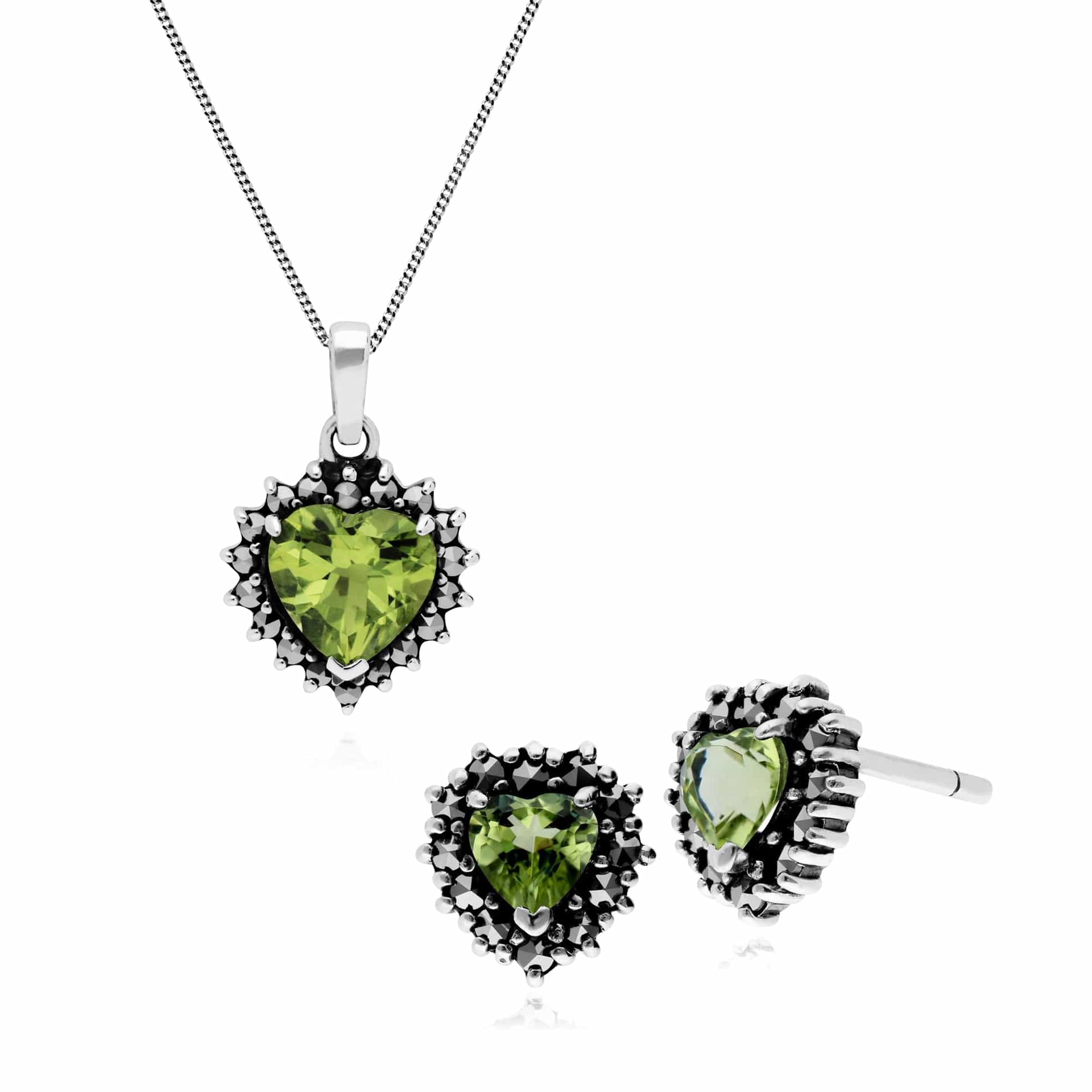 Art Deco Peridot & Marcasite Heart Stud Earrings & Necklace Set Image 1