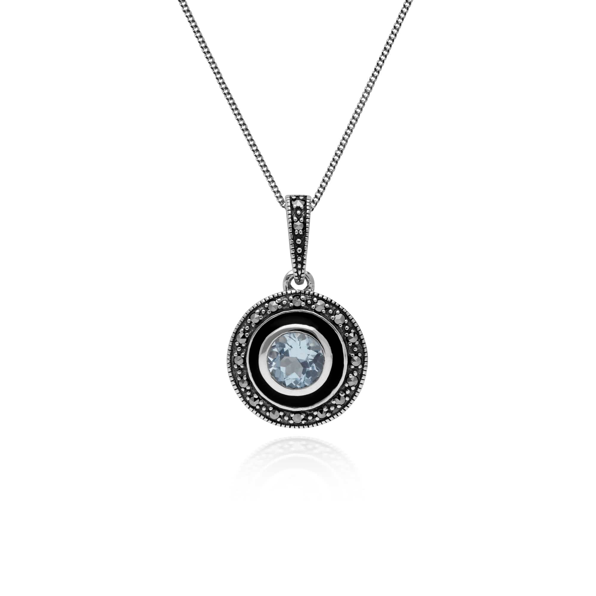 Art Deco Style Round Blue Topaz, Marcasite & Black Enamel Pendant in 925 Sterling Silver - Gemondo