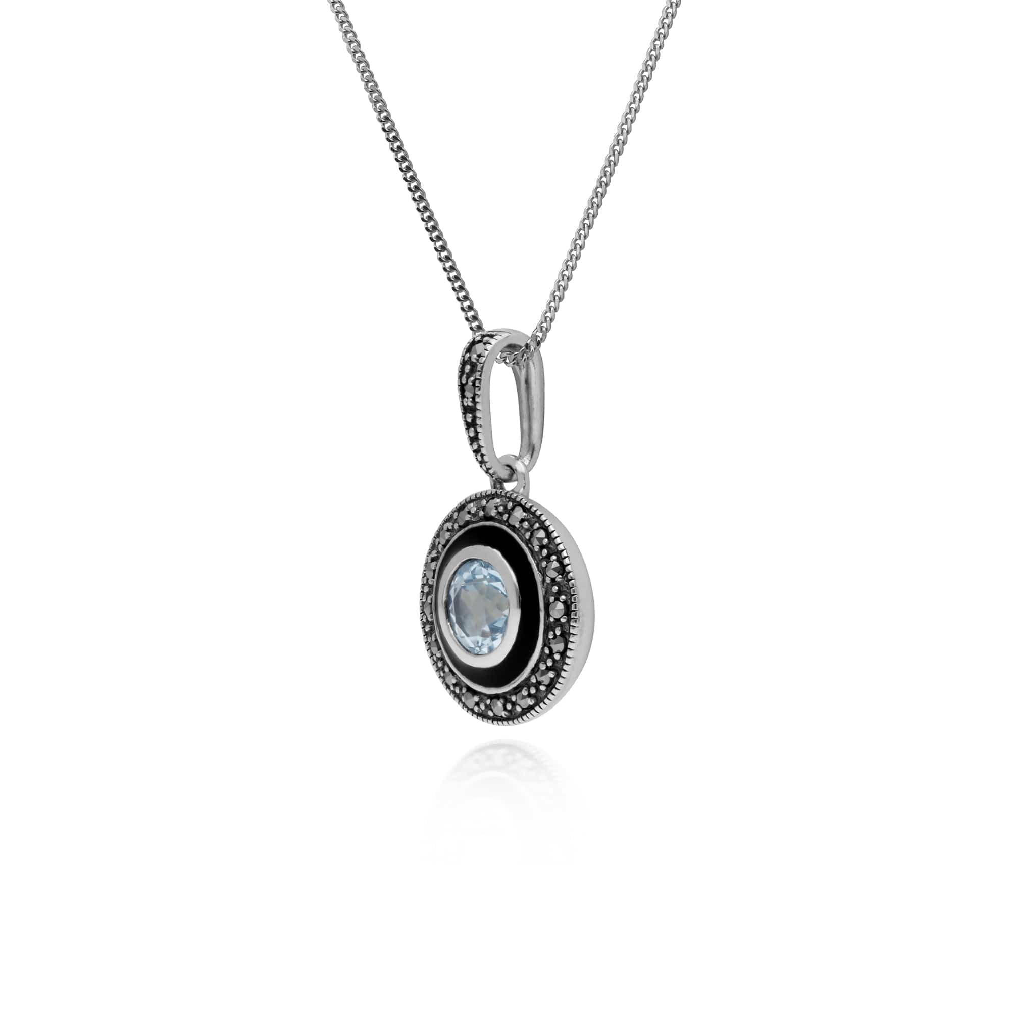 Art Deco Style Round Blue Topaz, Marcasite & Black Enamel Pendant in 925 Sterling Silver - Gemondo