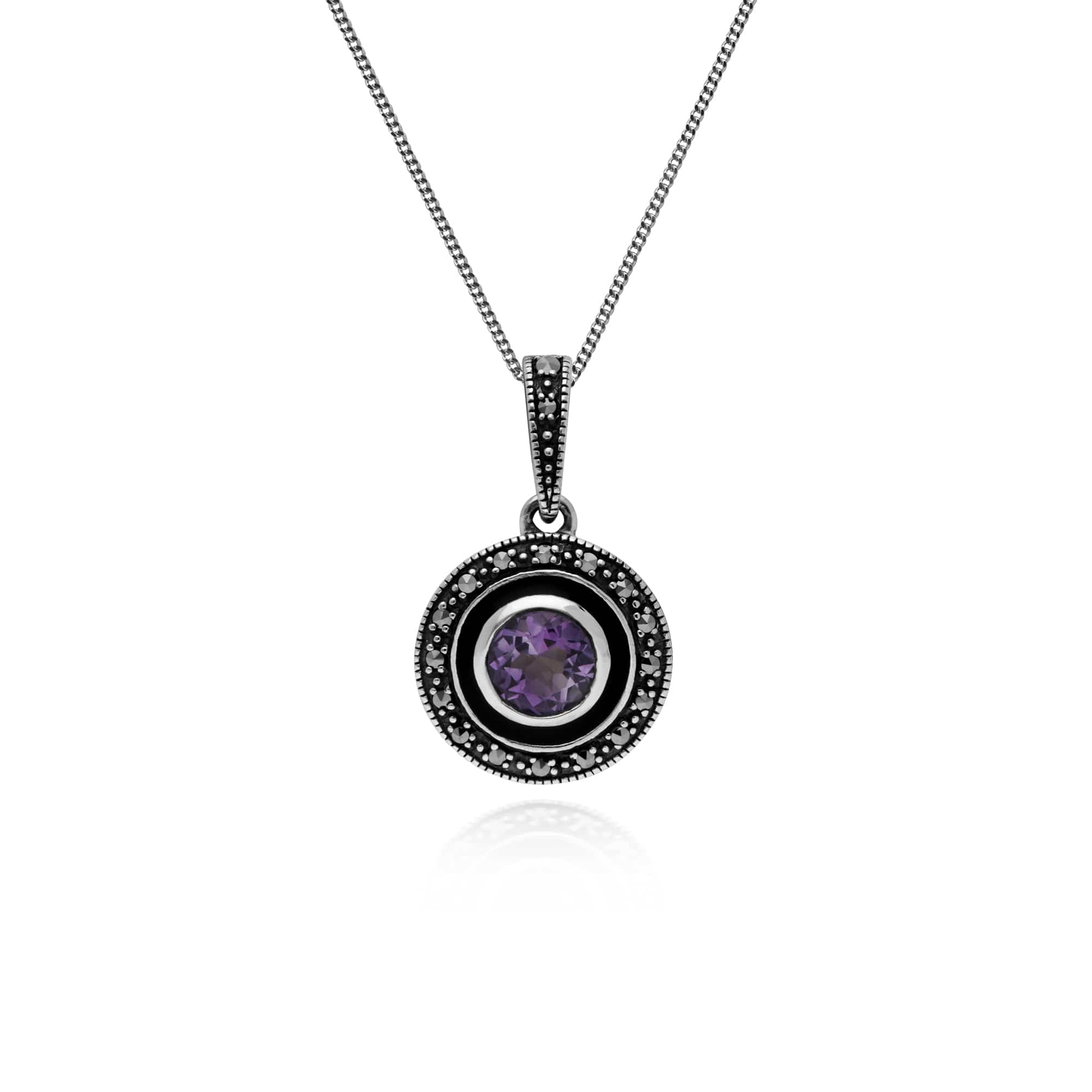 214P301302925 Art Deco Style Round Amethyst, Marcasite & Black Enamel Pendant in 925 Sterling Silver 1