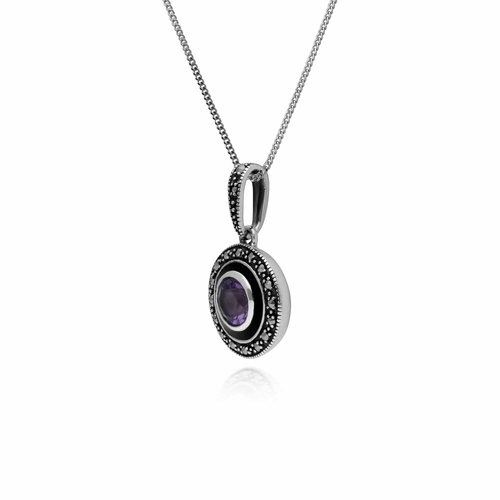 214P301302925 Art Deco Style Round Amethyst, Marcasite & Black Enamel Pendant in 925 Sterling Silver 2