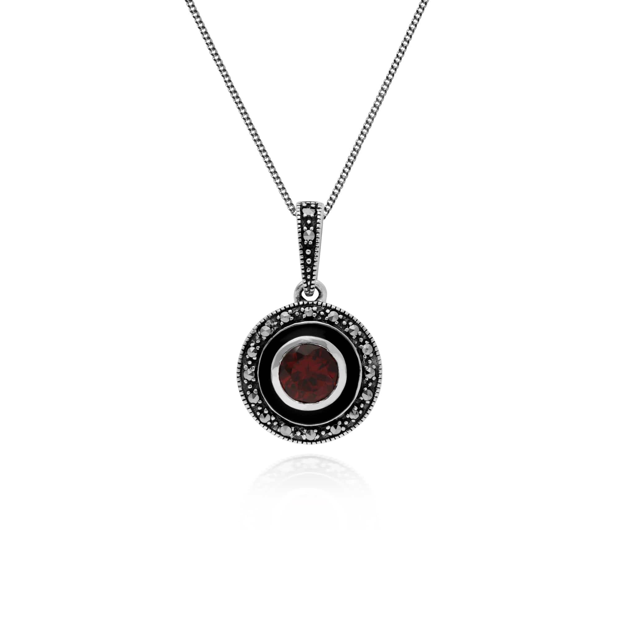 214P301303925 Gemondo Sterling Silver Garnet & Marcasite & Black Enamel 45cm Necklace 1