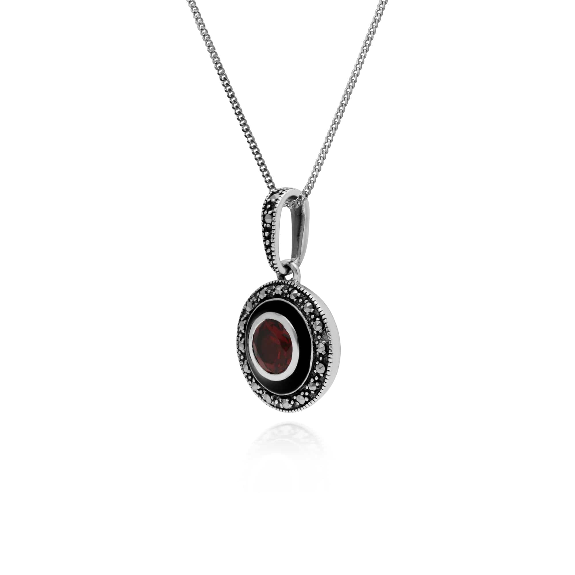 Gemondo Sterling Silver Garnet & Marcasite & Black Enamel 45cm Necklace - Gemondo