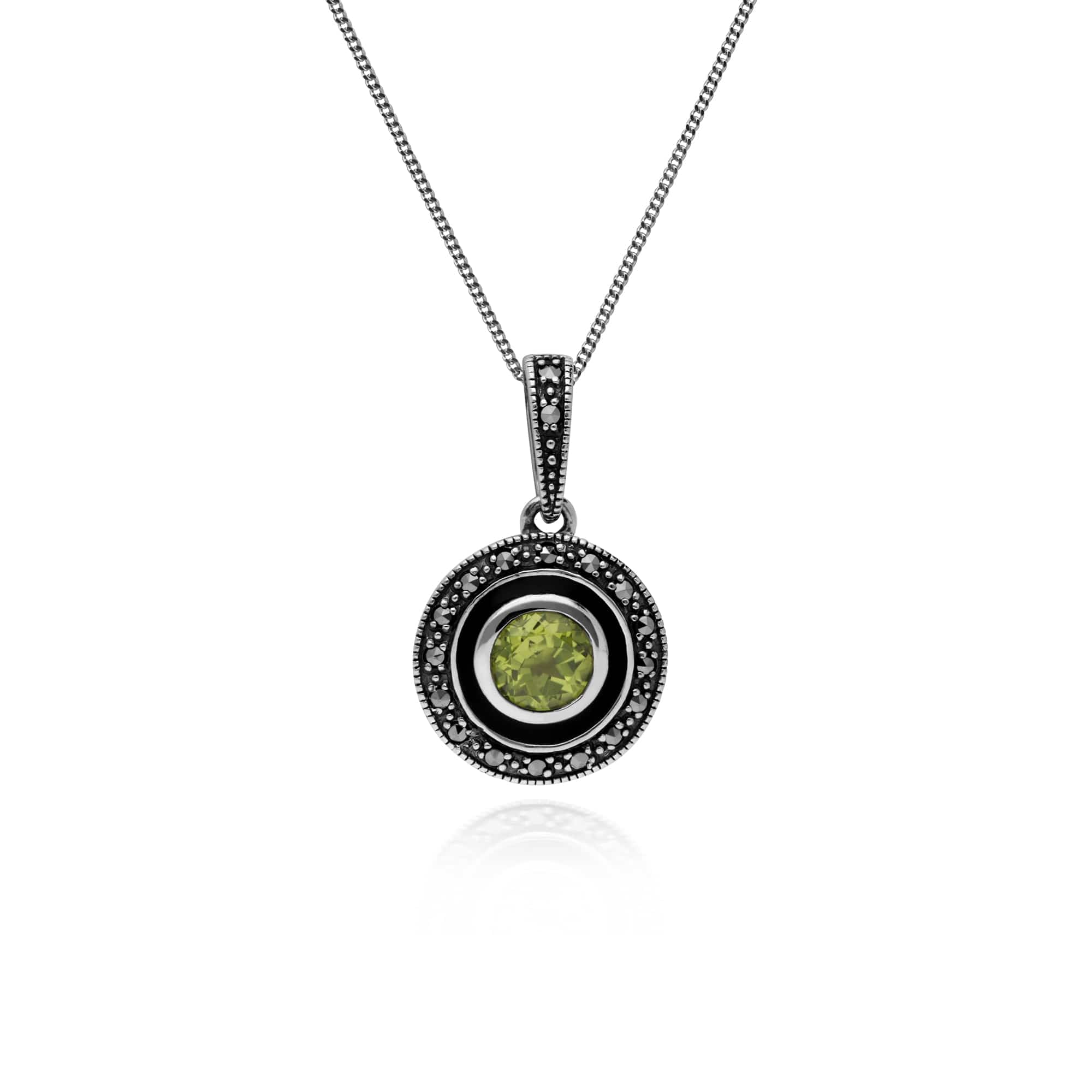 Art Deco Style Round Peridot, Marcasite & Black Enamel Pendant in 925 Sterling Silver - Gemondo