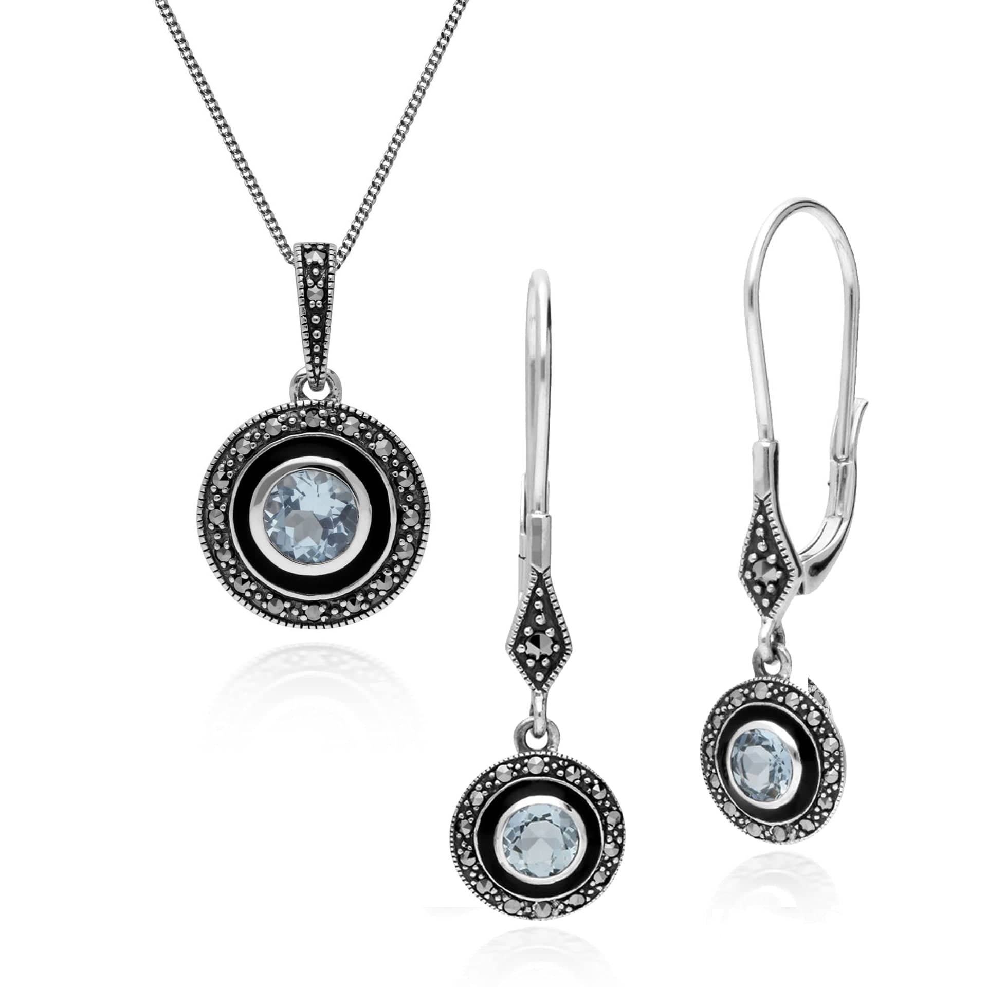214E860701925-214P301301925 Art Deco Style Round Blue Topaz, Marcasite & Black Enamel Drop Earrings & Pendant Set in 925 Sterling Silver 1