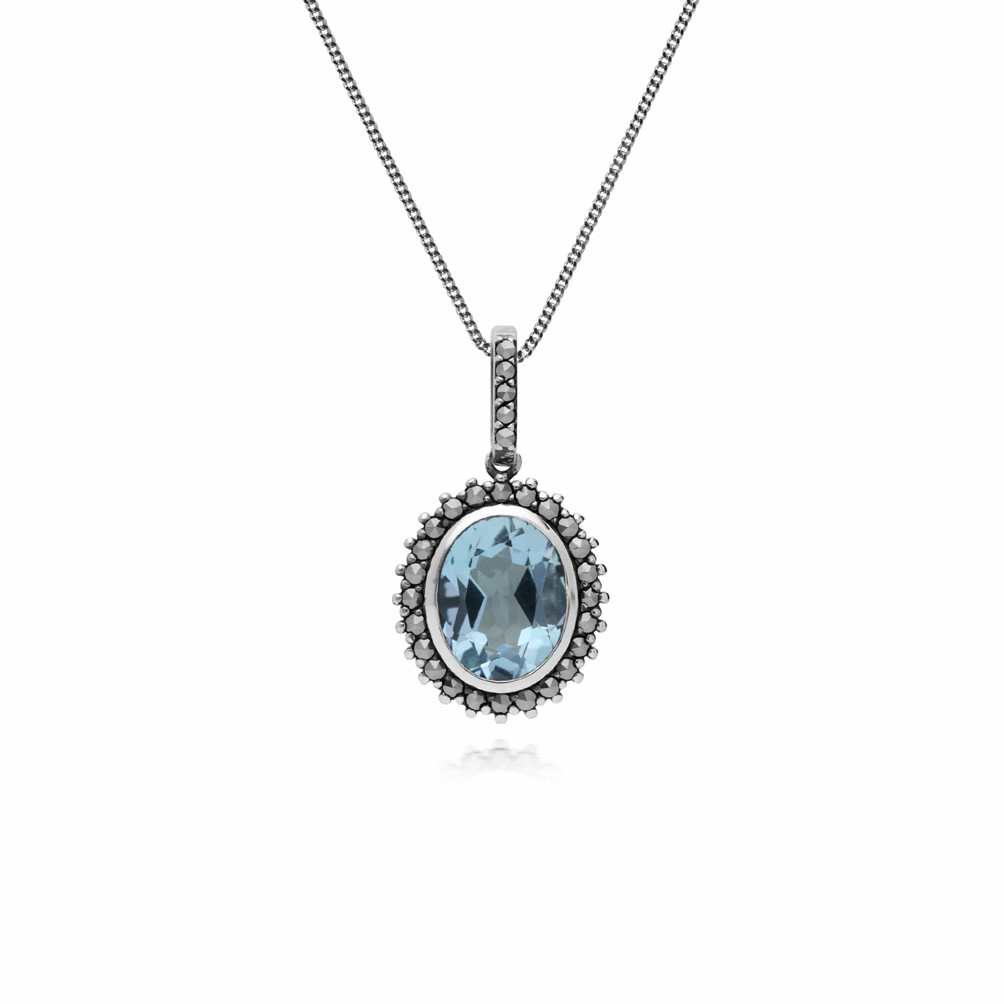 Art Deco Style Oval Blue Topaz & Marcasite Halo Pendant in 925 Sterling Silver - Gemondo