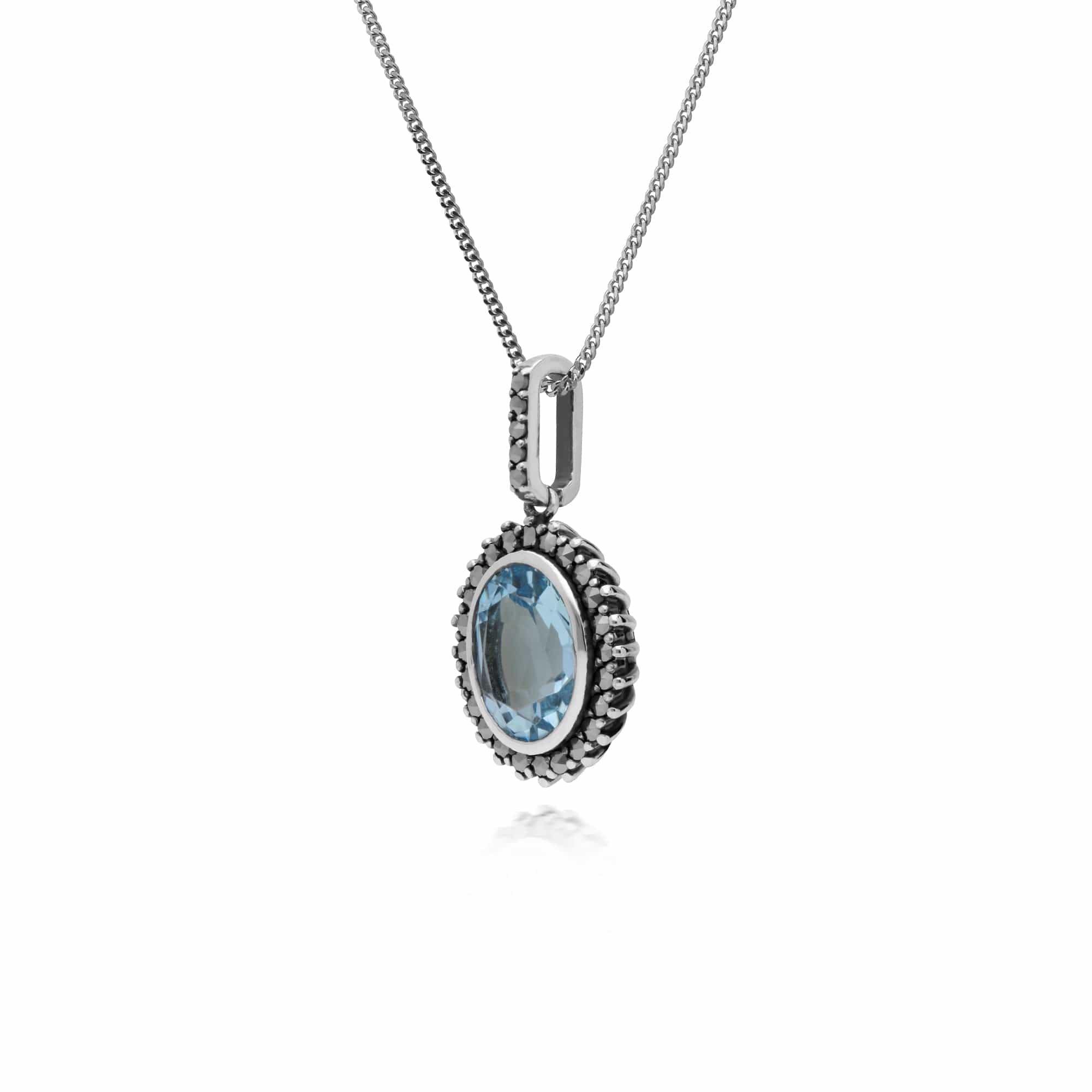 Art Deco Style Oval Blue Topaz & Marcasite Halo Pendant in 925 Sterling Silver - Gemondo