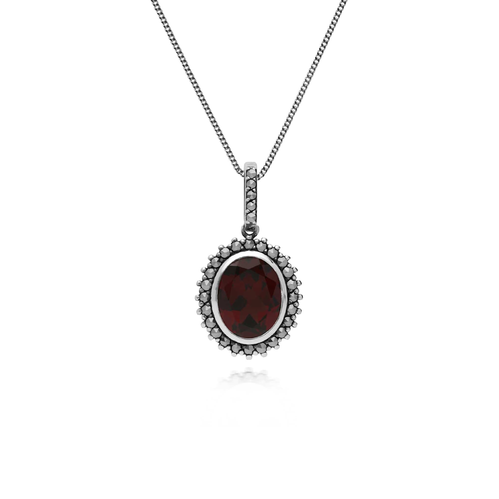 214P301403925-214R599703925 Art Deco Style Oval Garnet & Marcasite Halo Pendant & Ring Set in 925 Sterling Silver 2
