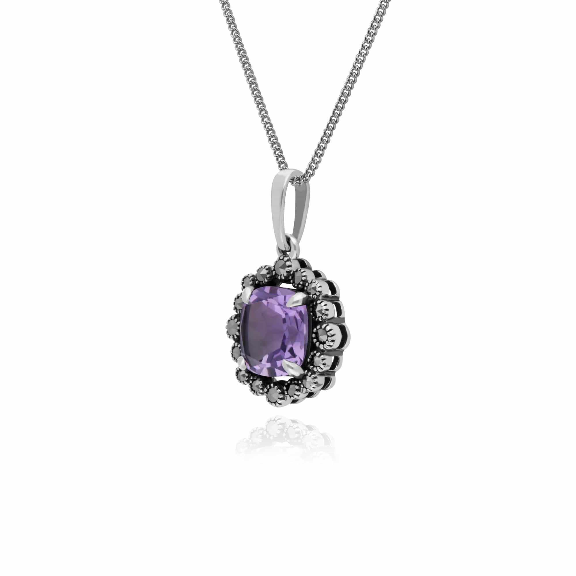 Gemondo Sterling Silver Amethyst & Marcasite Cushion Art Nouveau 45cm Necklace - Gemondo